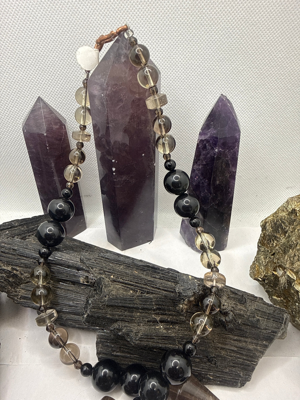 Black Obsidian and Smoky Quartz Beaded Necklace with Black Obsidian Eye of Horus Pendant ~24 inches
