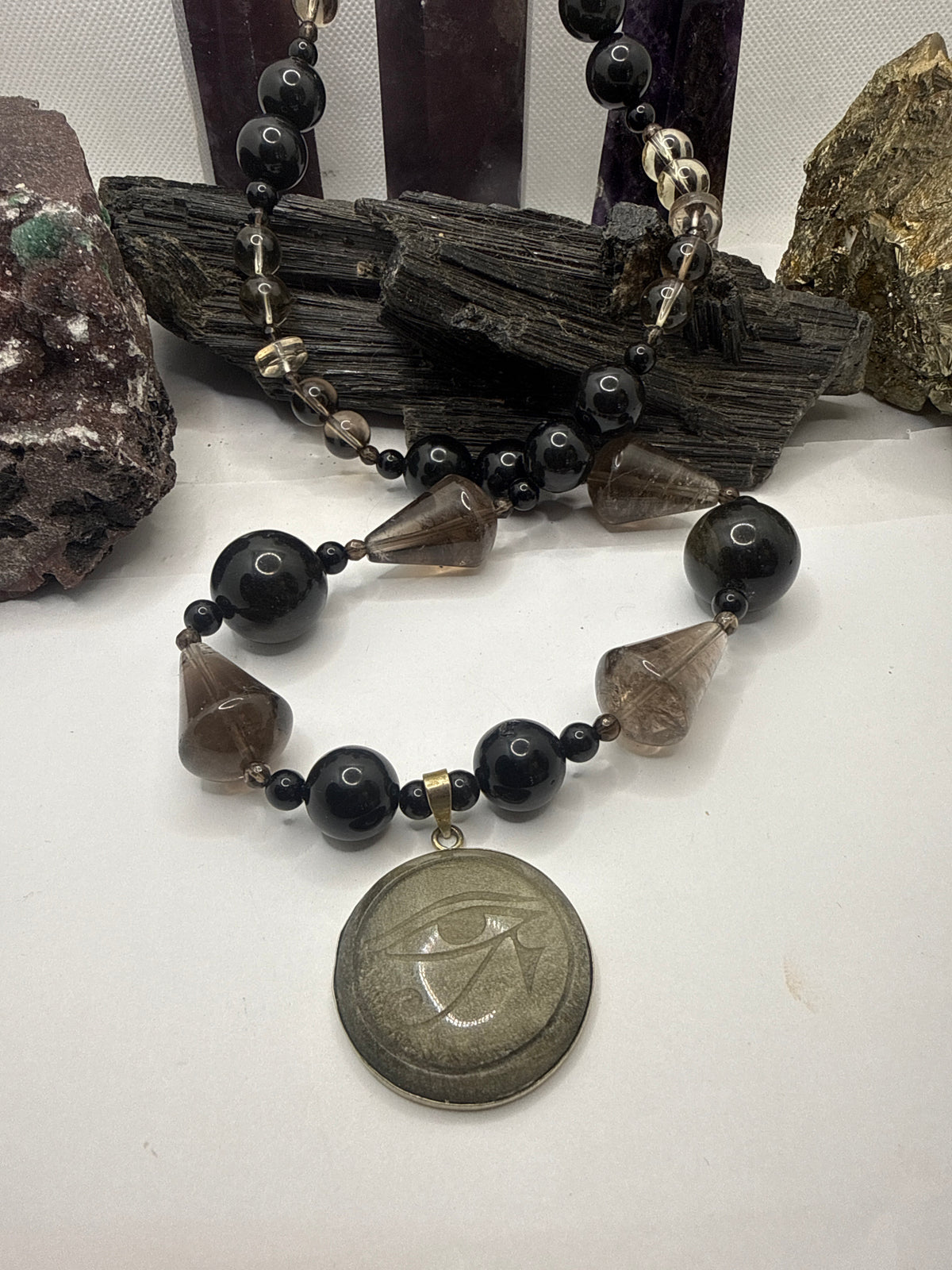Black Obsidian and Smoky Quartz Beaded Necklace with Black Obsidian Eye of Horus Pendant ~24 inches