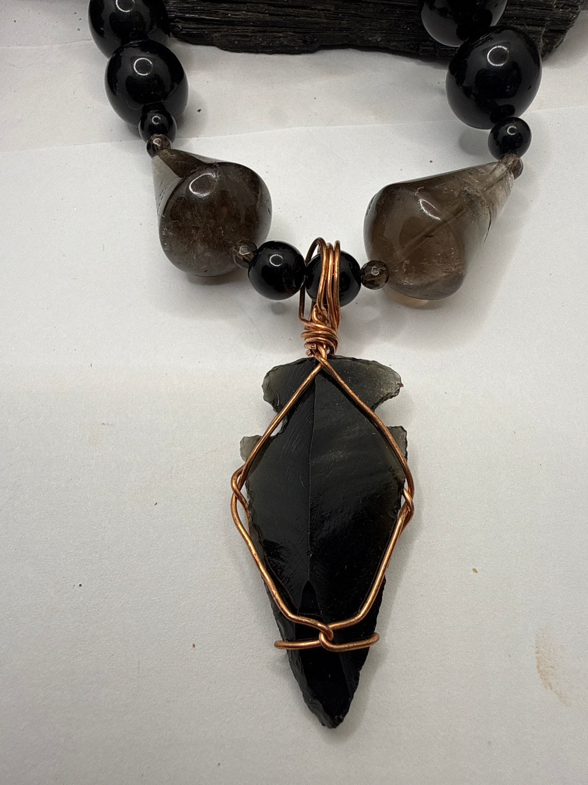 Black Obsidian and Smoky Quartz Beaded Necklace with Black Obsidian Arrowhead Pendant ~18 inches