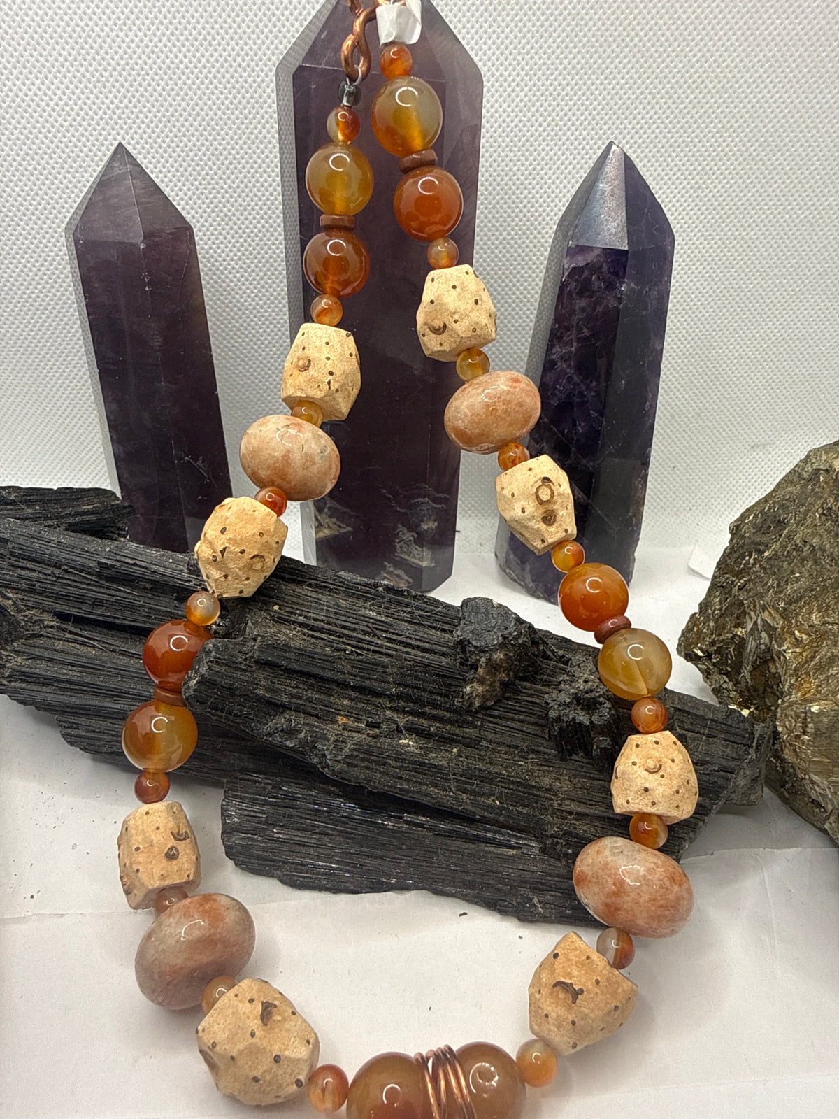 Carnelian, African Grassroot Beads, Sunstone with Carnelian Pendant~ 18 Inches