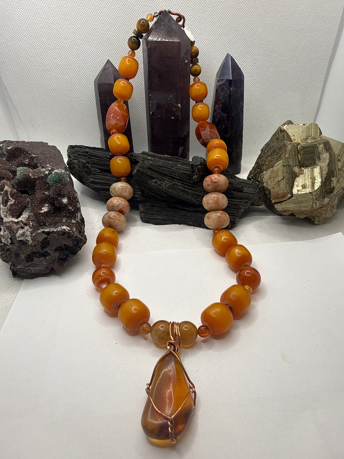Carnelian, African Amber, Tiger Eye and Sunstone with Mexican Amber Pendant~24 Inches