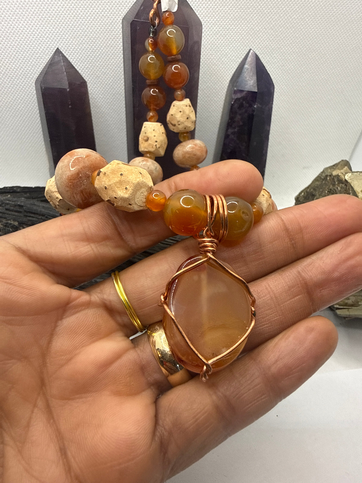 Carnelian, African Grassroot Beads, Sunstone with Carnelian Pendant~ 18 Inches