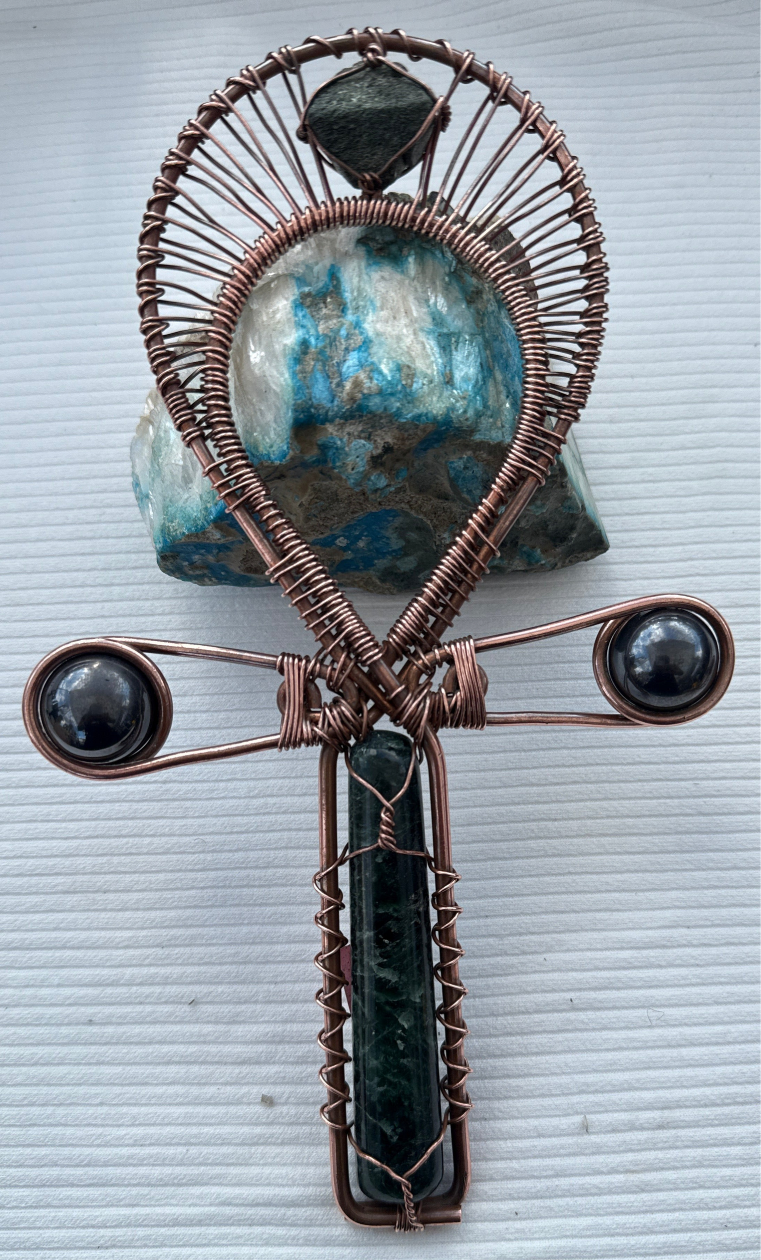 Green Kyanite with Epidote Copper Handheld Ankh with Magnetic Hematite Arms