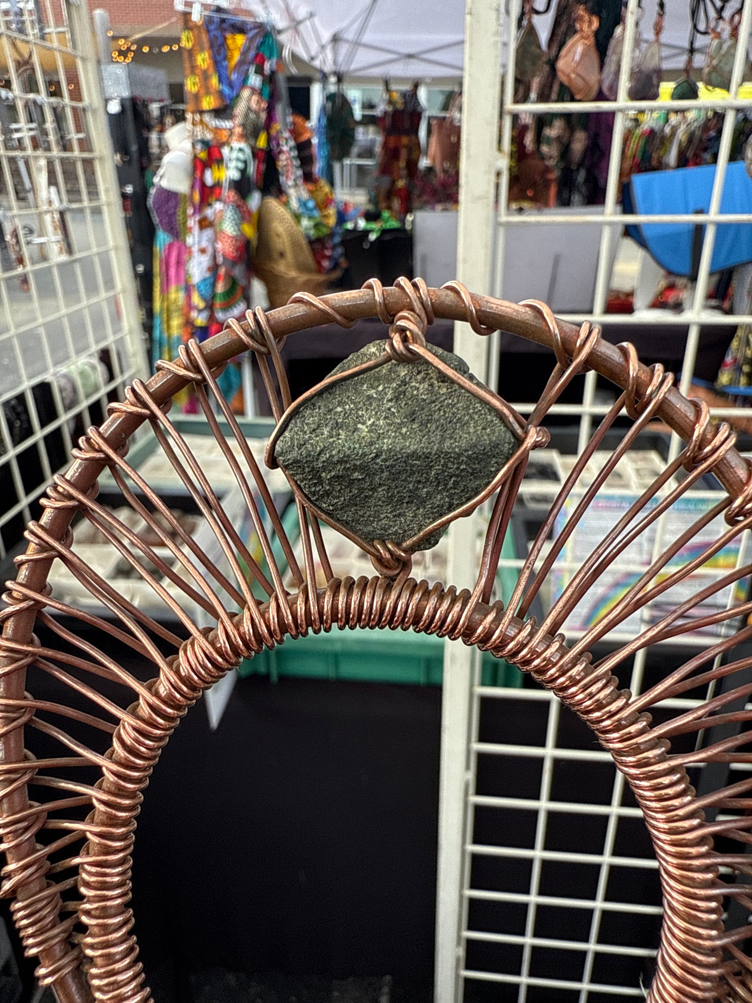 green kyanite and epidote copper wire wrapped ankh with magnetic hematite