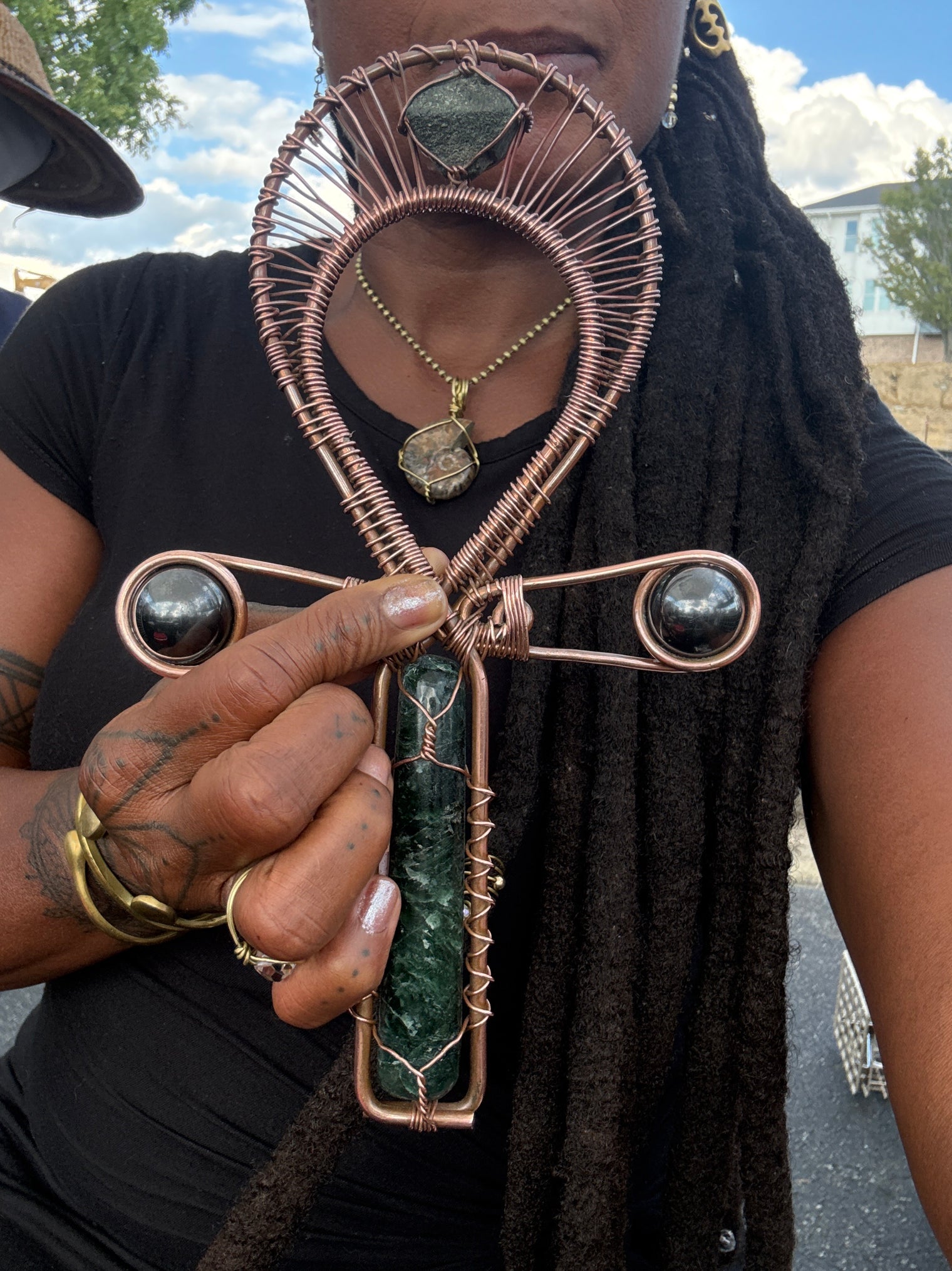 green kyanite and epidote copper wire wrapped ankh with magnetic hematite