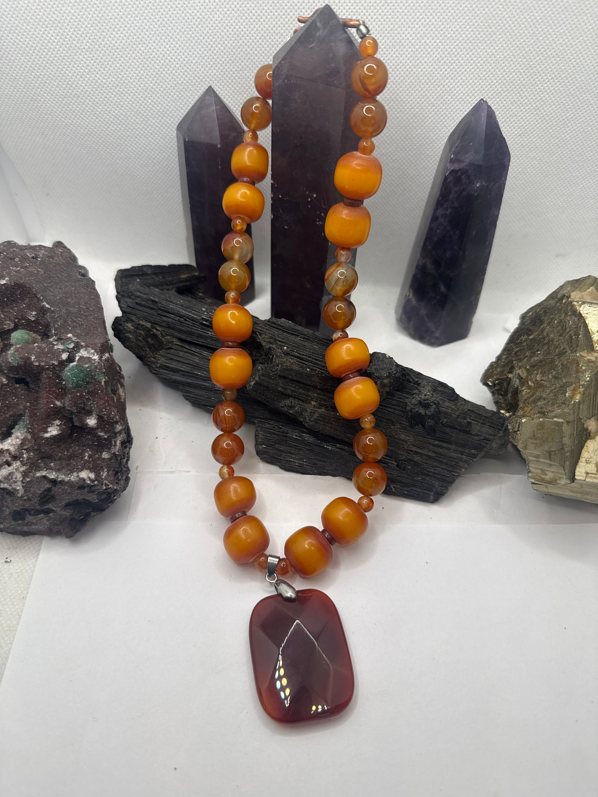 Carnelian and African Amber Necklace with Carnelian Pendant~18 Inches
