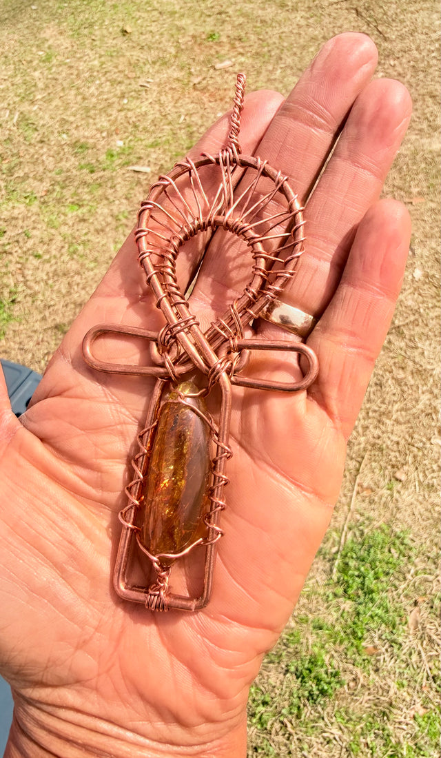 Mexican Amber from Chiapas, Mexico, Insect Inclusion, Copper Ankh Wirewrapped Wearable Pendant