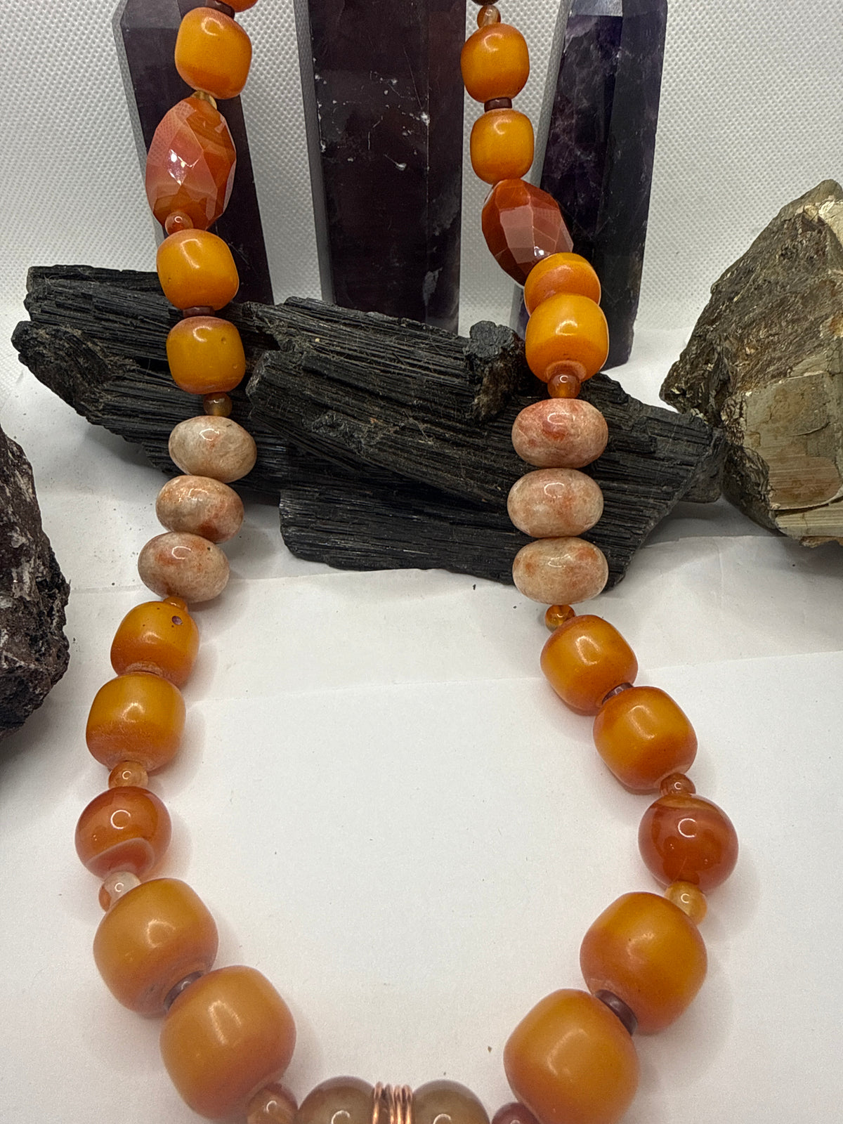 Carnelian, African Amber, Tiger Eye and Sunstone with Mexican Amber Pendant~24 Inches