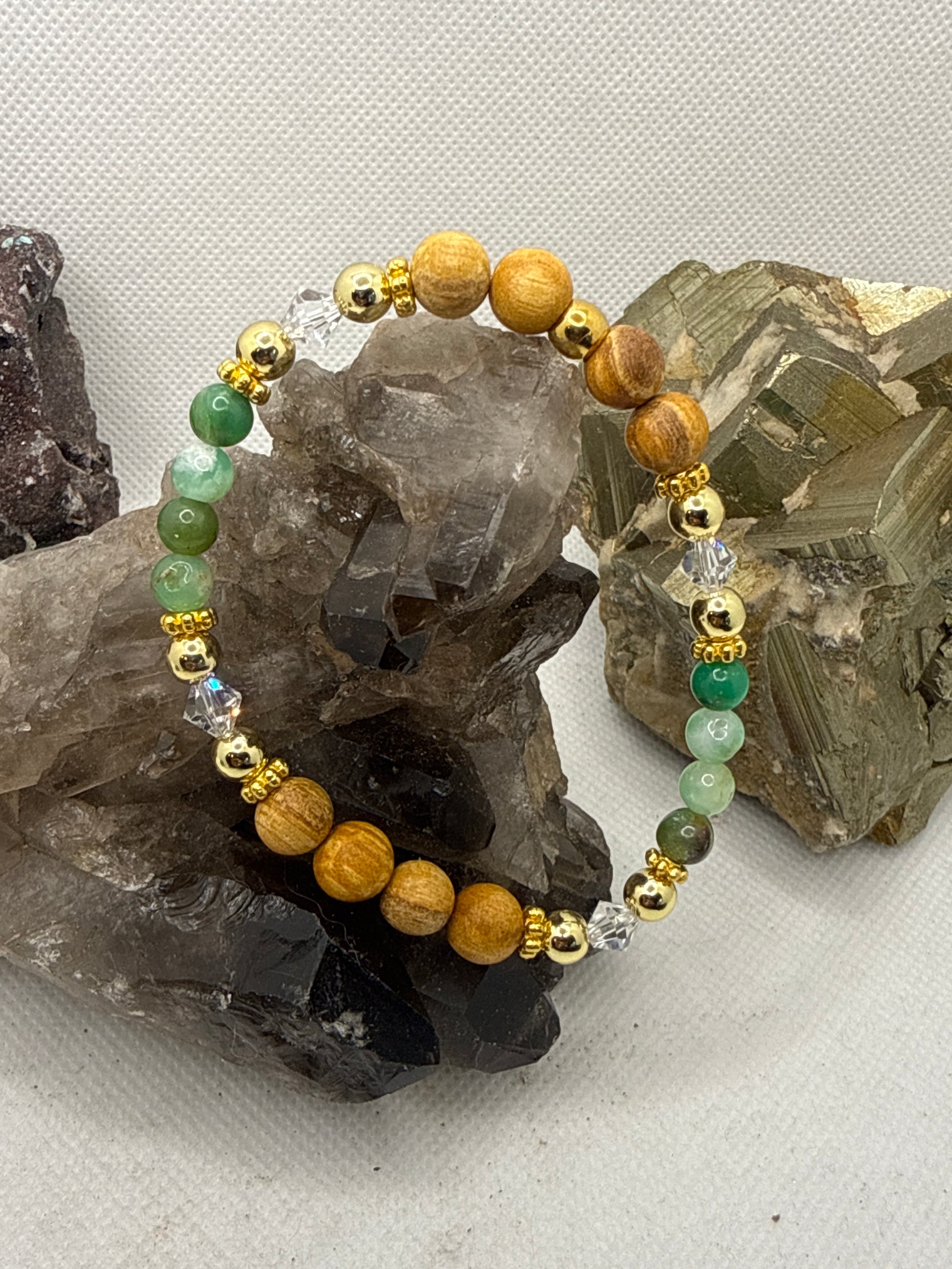 Chrysoprase and Palo Santo Stretchy Bracelet with Swarovski Crystals