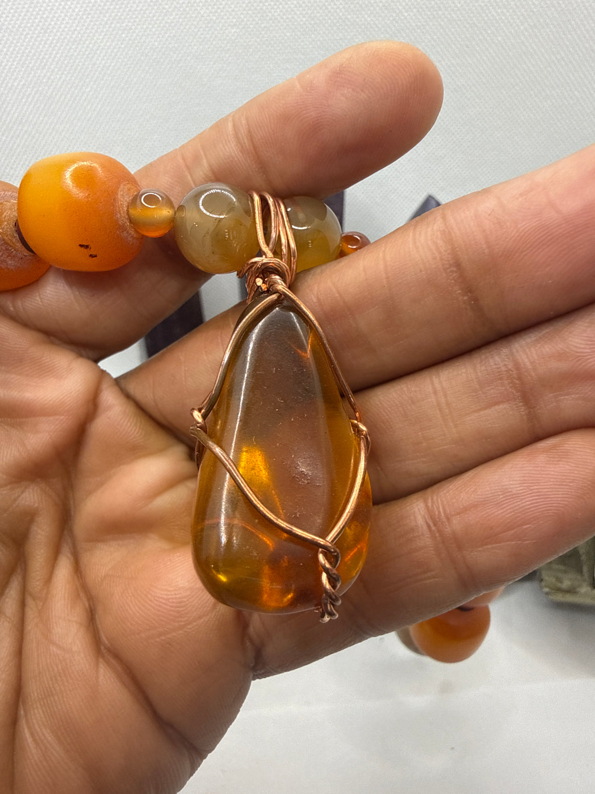 Carnelian, African Amber, Tiger Eye and Sunstone with Mexican Amber Pendant~24 Inches