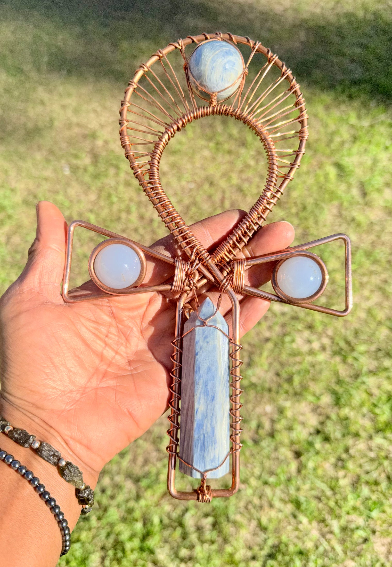 Blue Calchedony and Blue Kyanite Copper Crystal Handheld Ankh