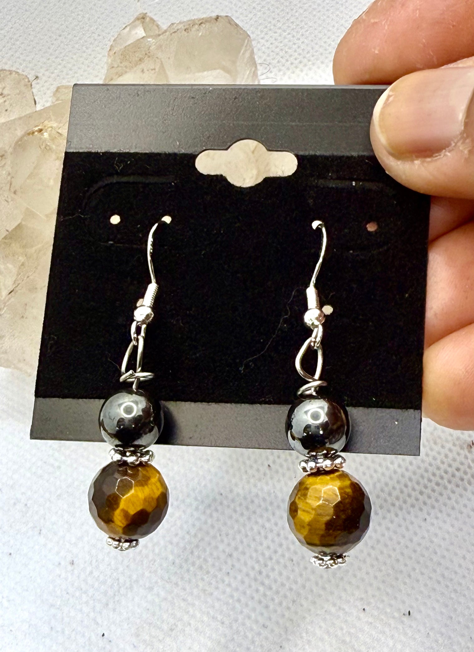 Tiger Eye and Hematite Sterling Silver Plated Hooks Earrings