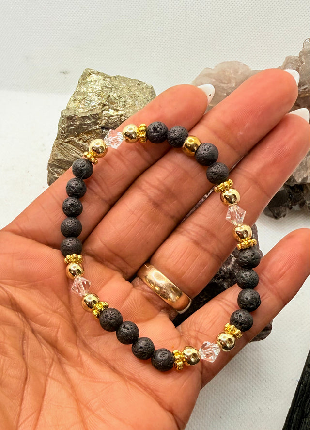 Black Lava Rock Stretchy Bracelet with Swarovski Crystals