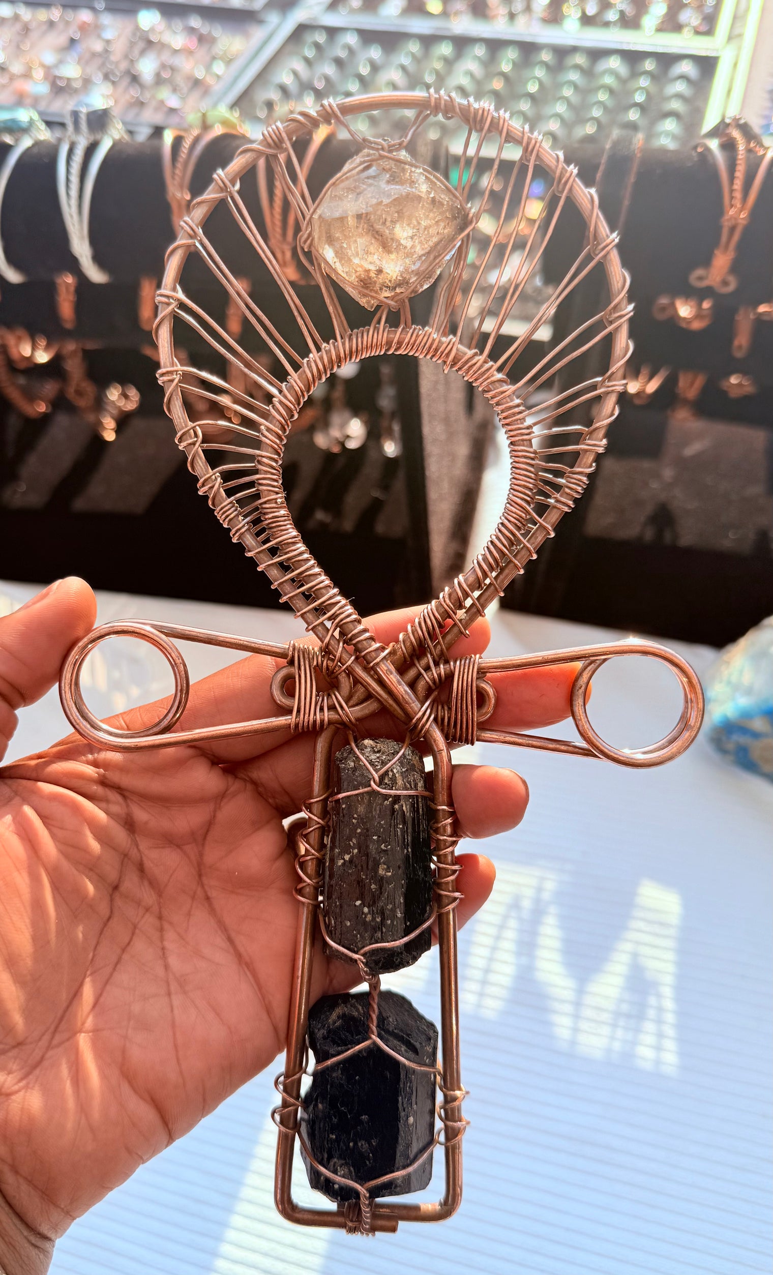 Black Tourmaline and Smoky Herkimer double terminated quartz crystal copper ankh