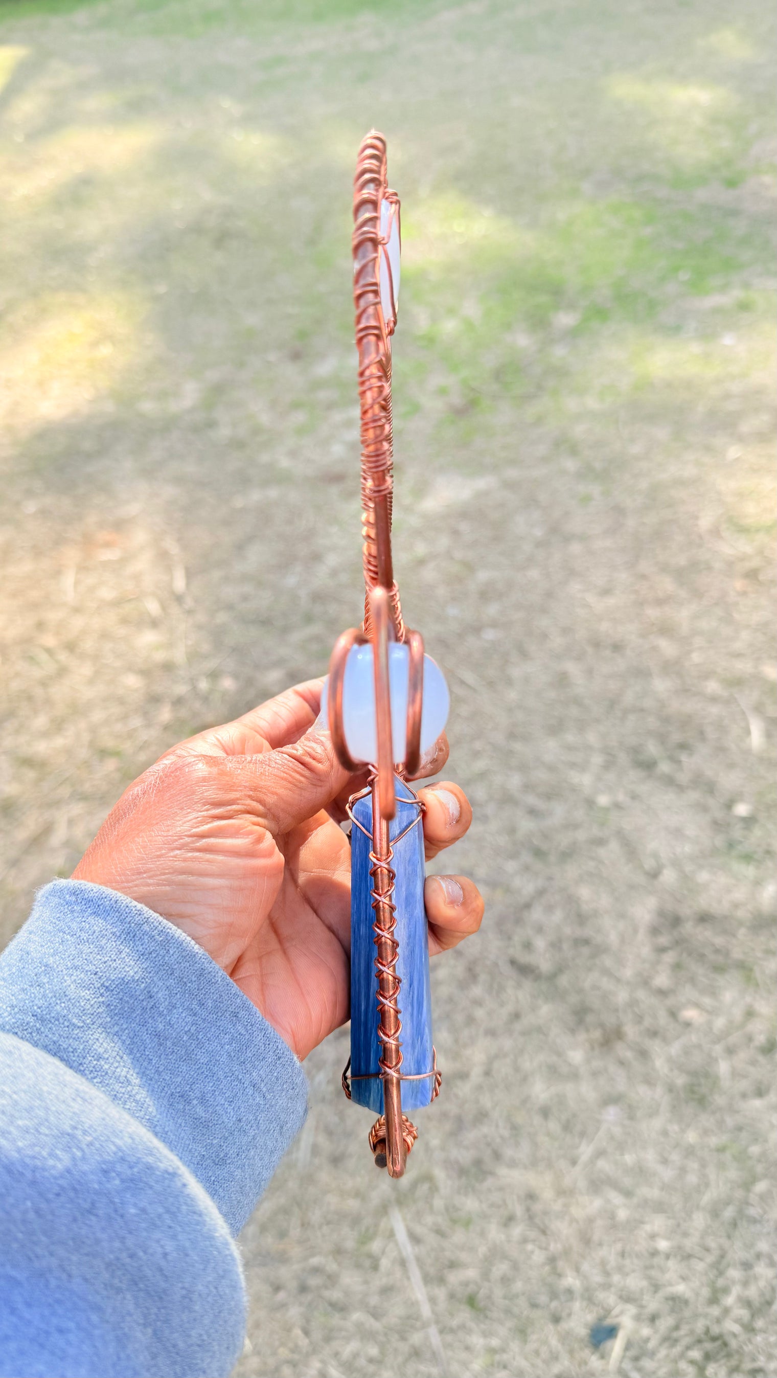 Blue Kyanite and Blue Chalcedony Copper Handheld Ankh