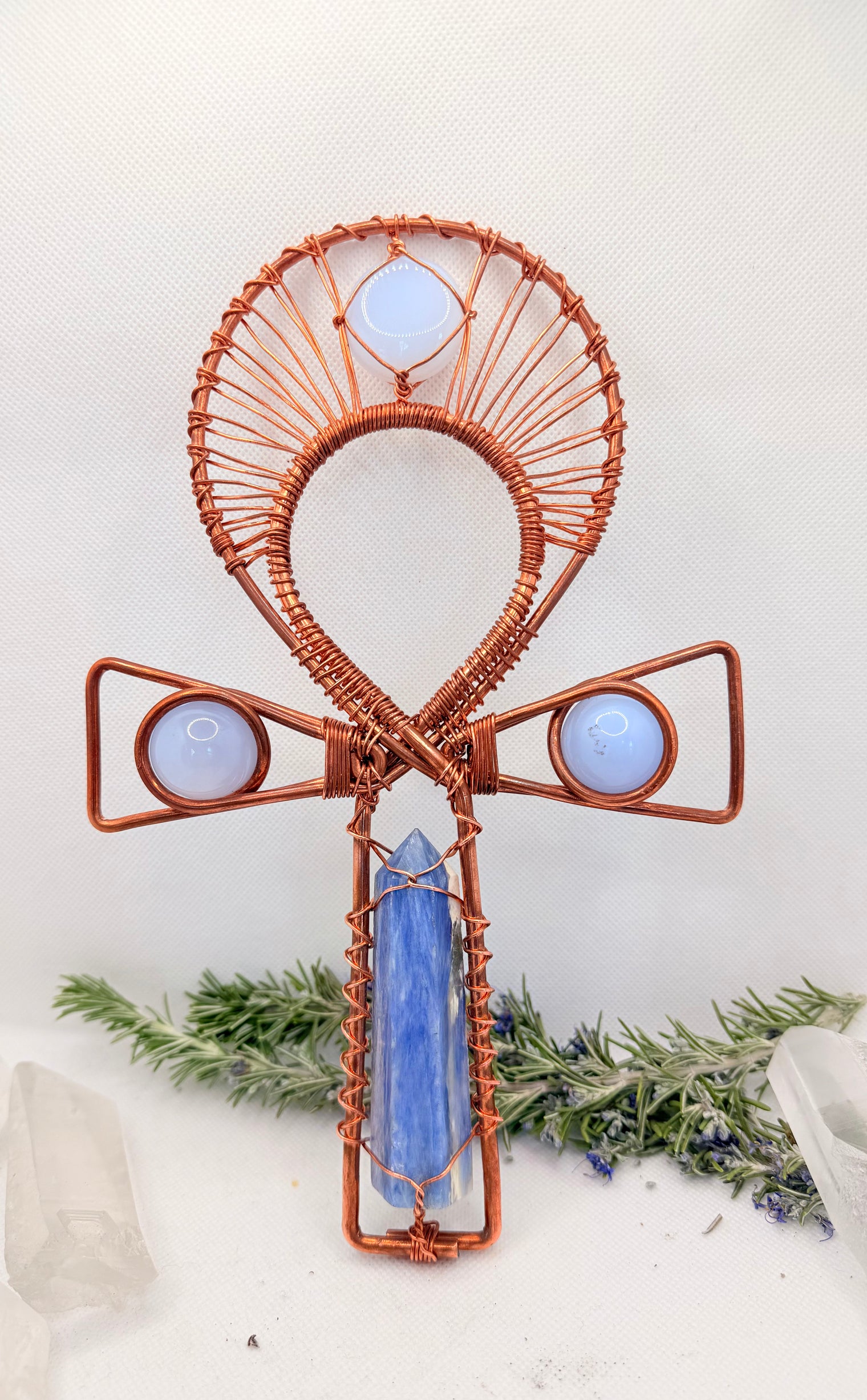 Blue Kyanite and Blue Chalcedony Copper Handheld Ankh