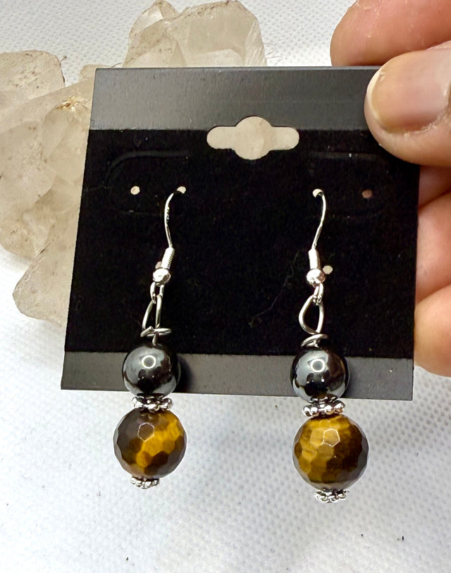 Tiger Eye and Hematite Sterling Silver Plated Hooks Earrings