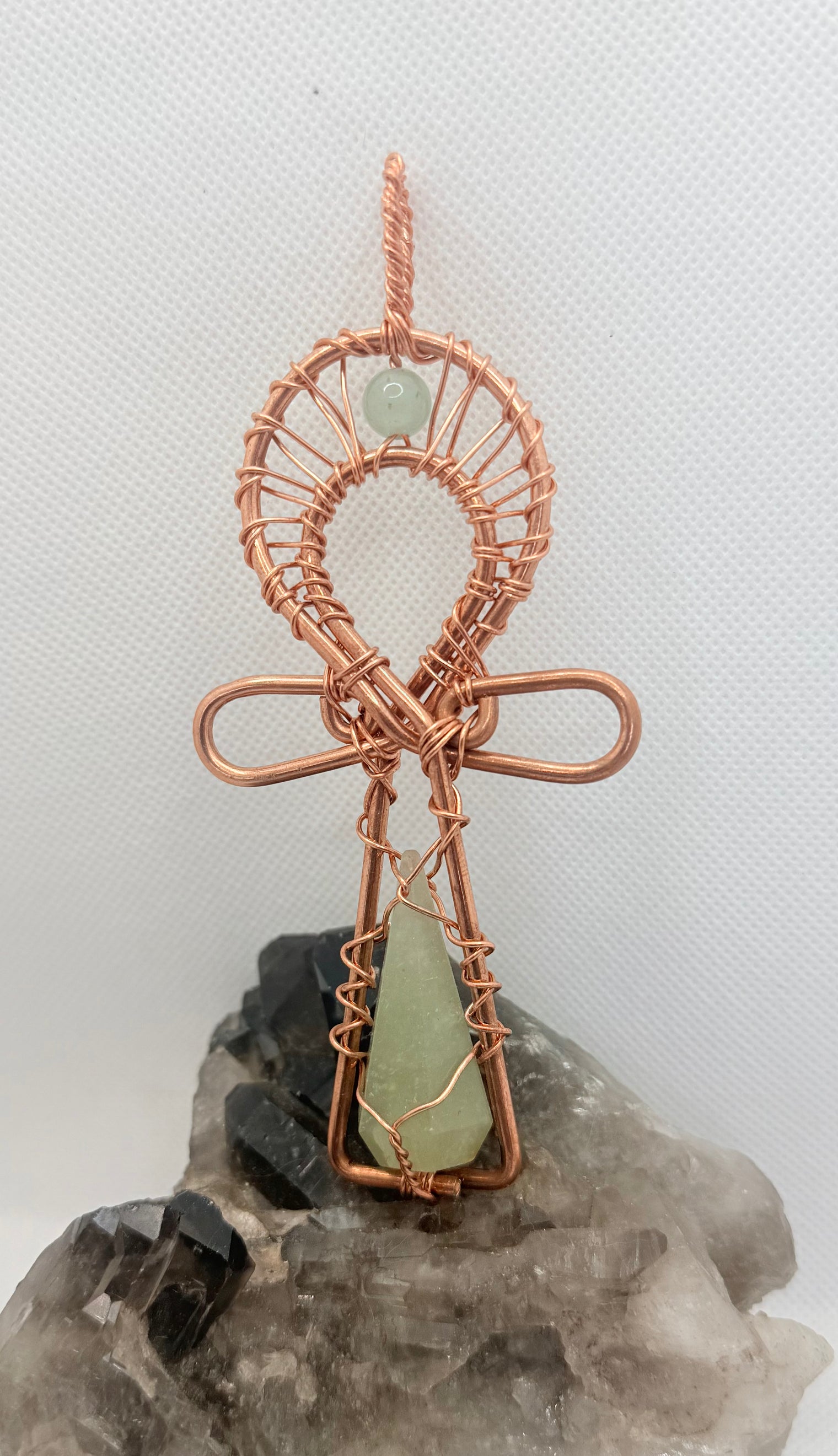 Green Aventurine Wirewrapped Crystal Copper Ankh Pendant