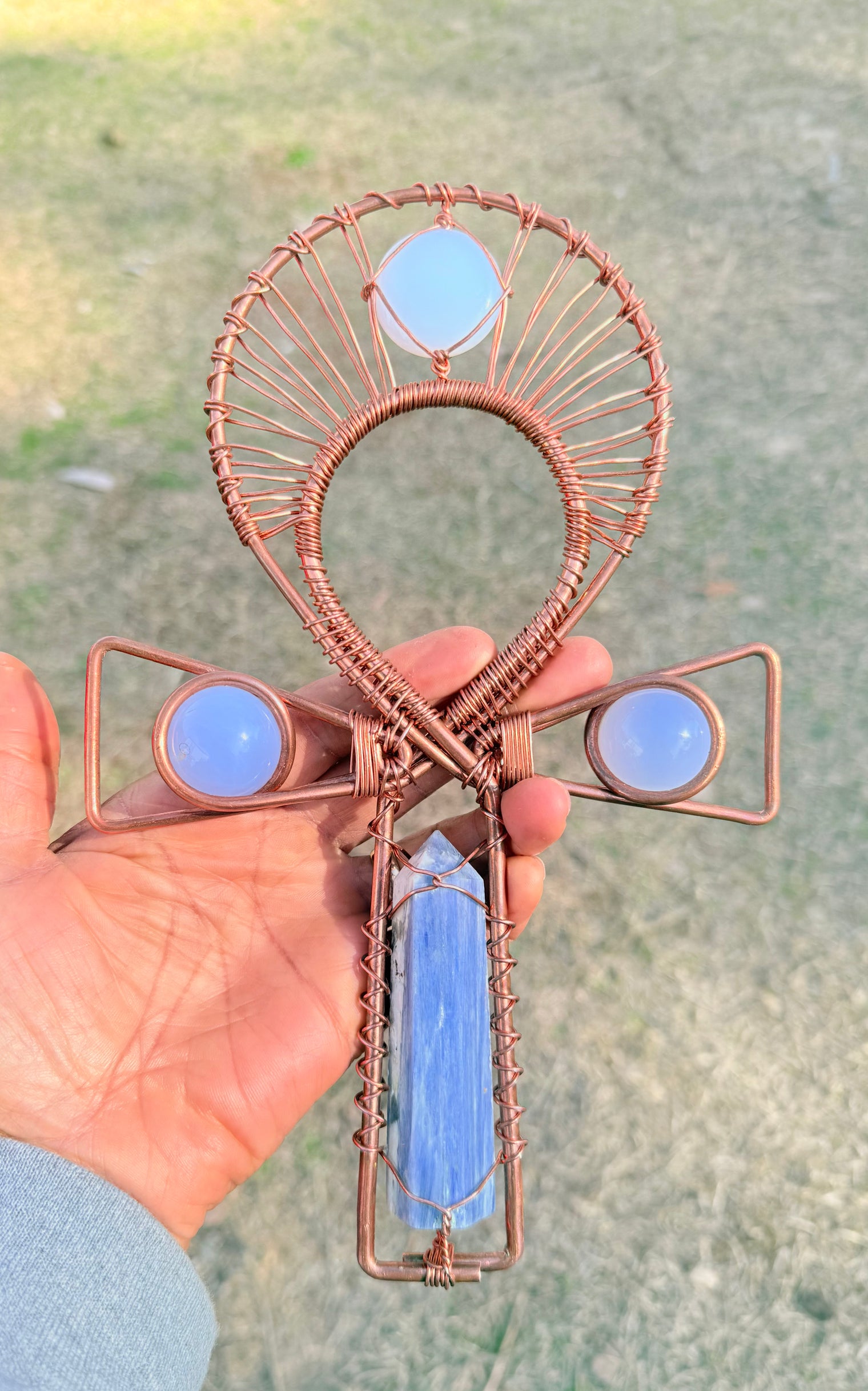 Blue Kyanite and Blue Chalcedony Copper Handheld Ankh