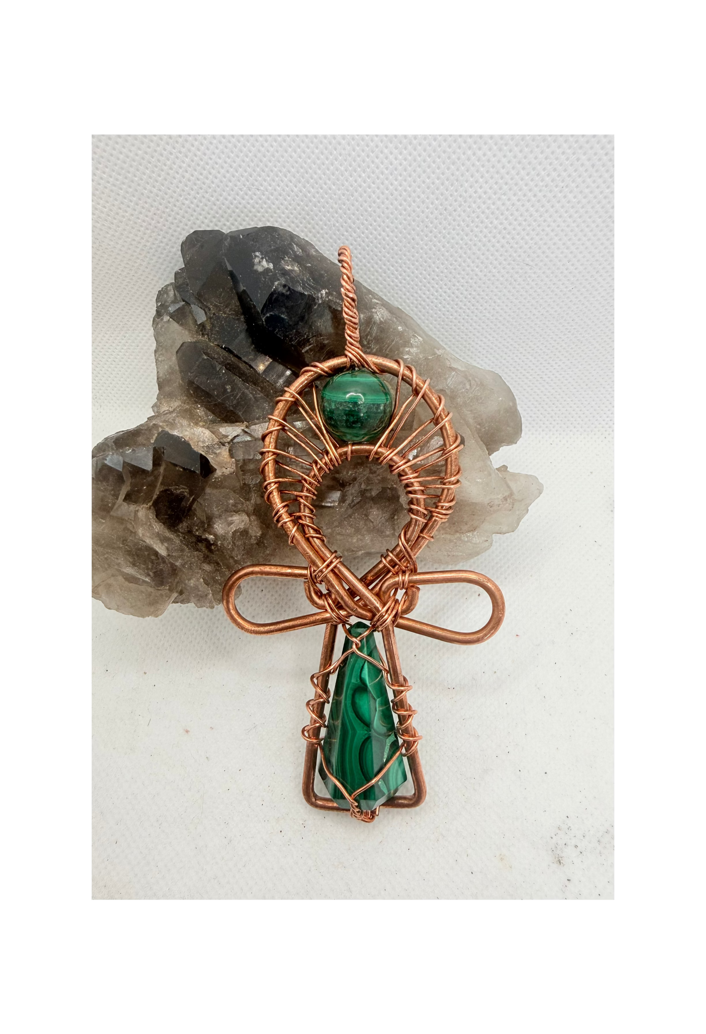 malachite stone at the top and handle of a 5 inch pendantcopper ankh