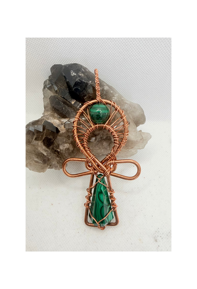 malachite stone at the top and handle of a 5 inch pendantcopper ankh