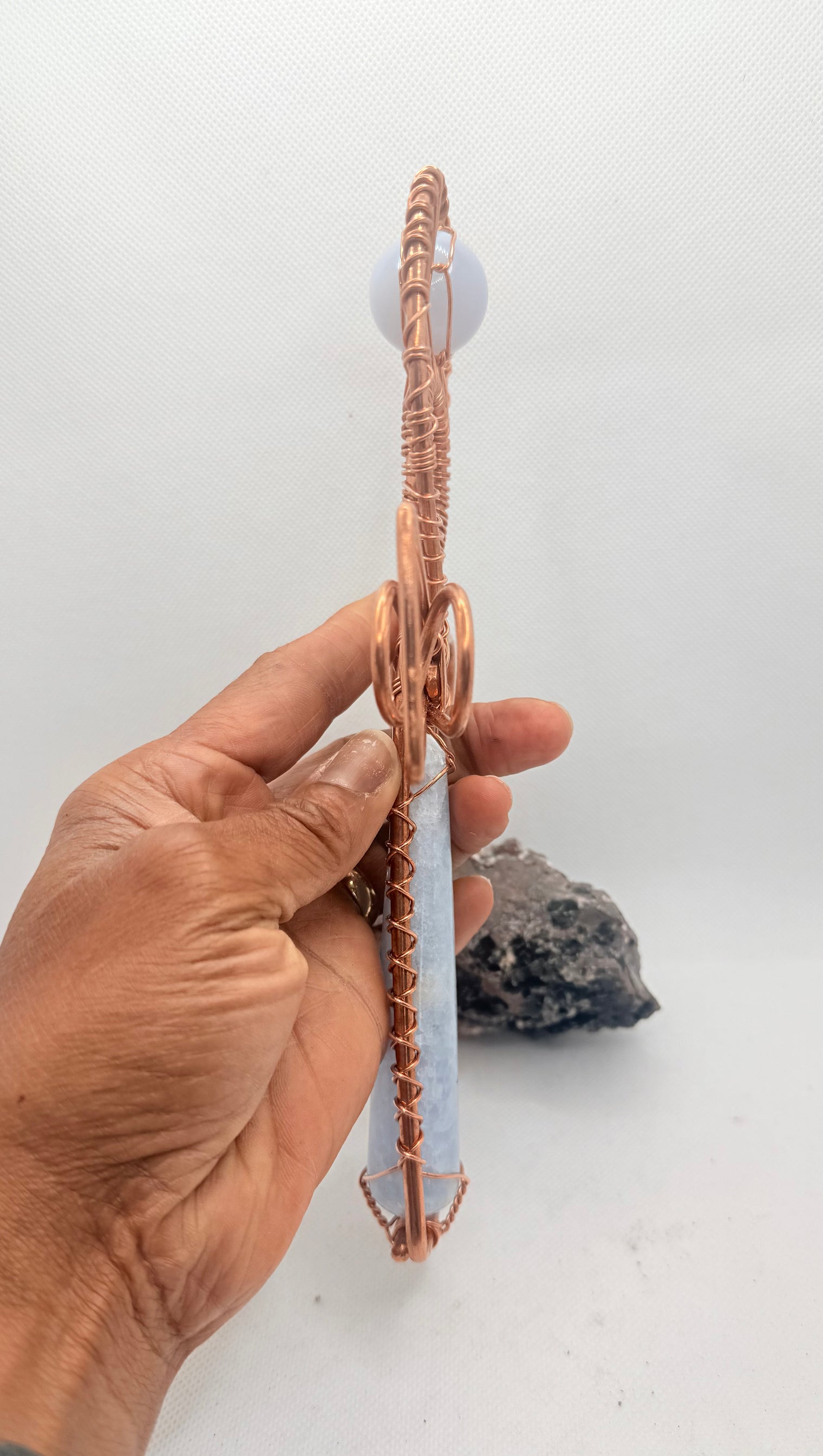 Blue Calcite and Blue Chalchedony EMF Protection Handheld Ankh