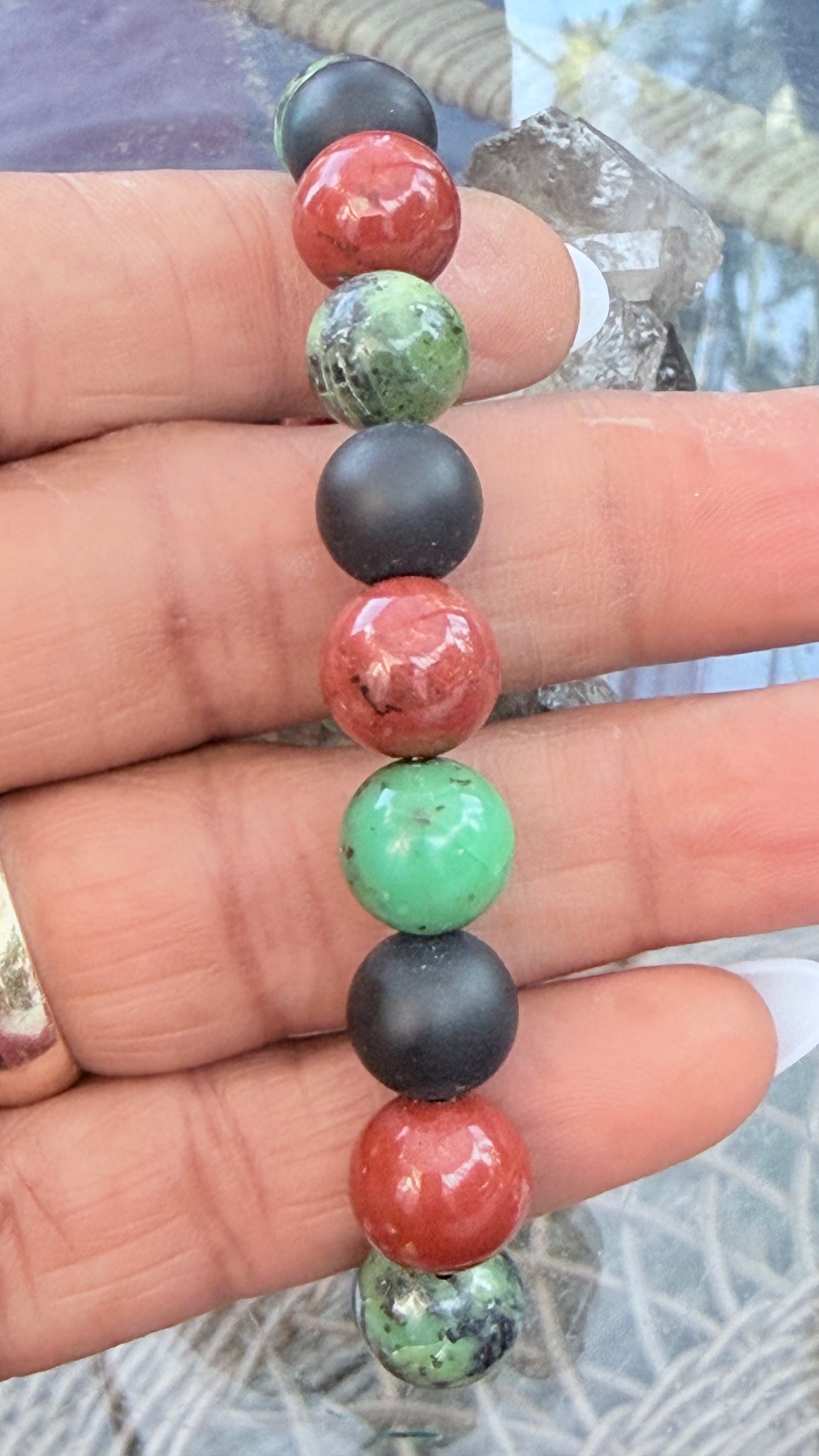 Red Jasper, Black Onyx, and Green Chrysoprase Stretchy Gemstone Bracelet