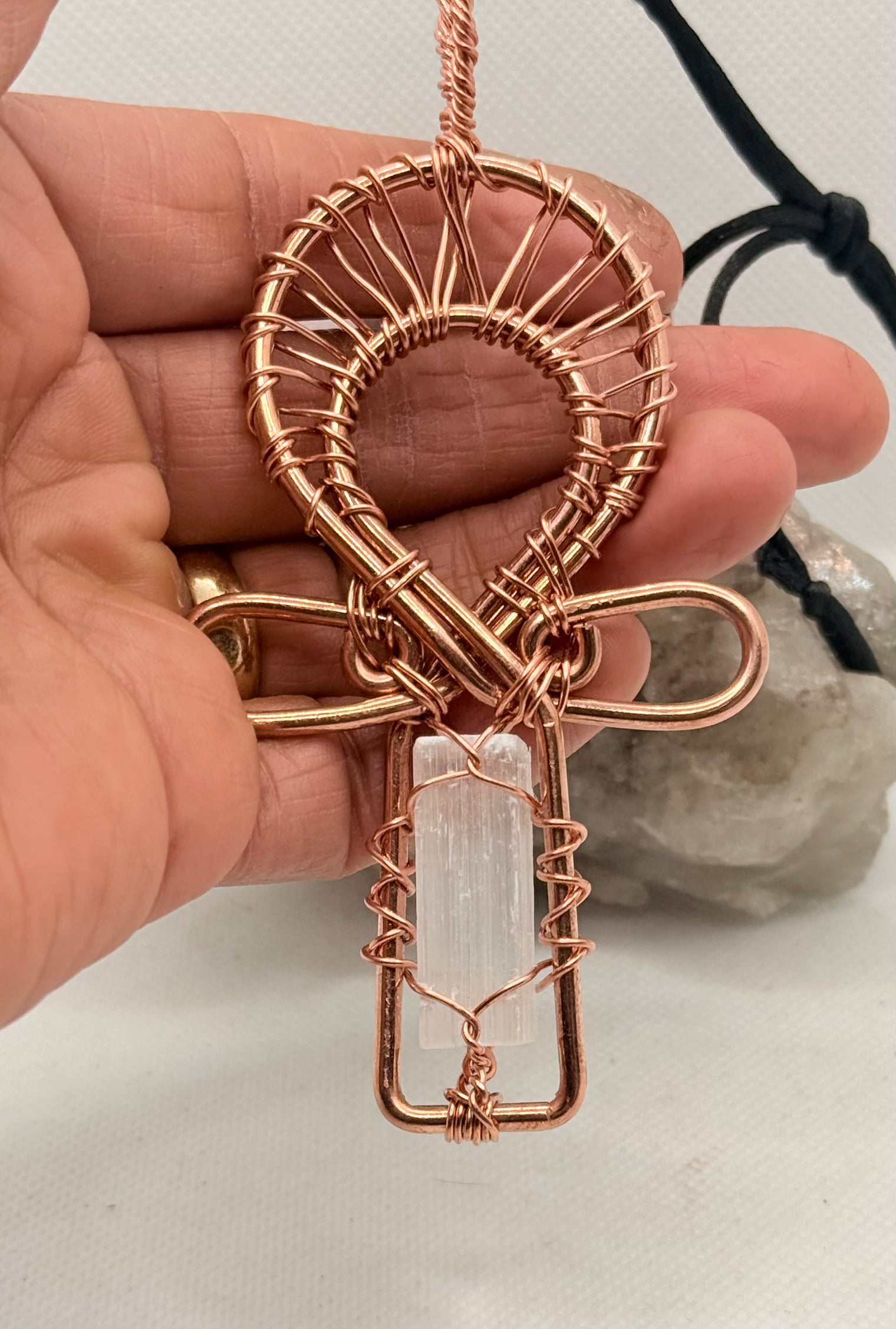 Selenite “Blade” Crystal Copper Ankh Pendant