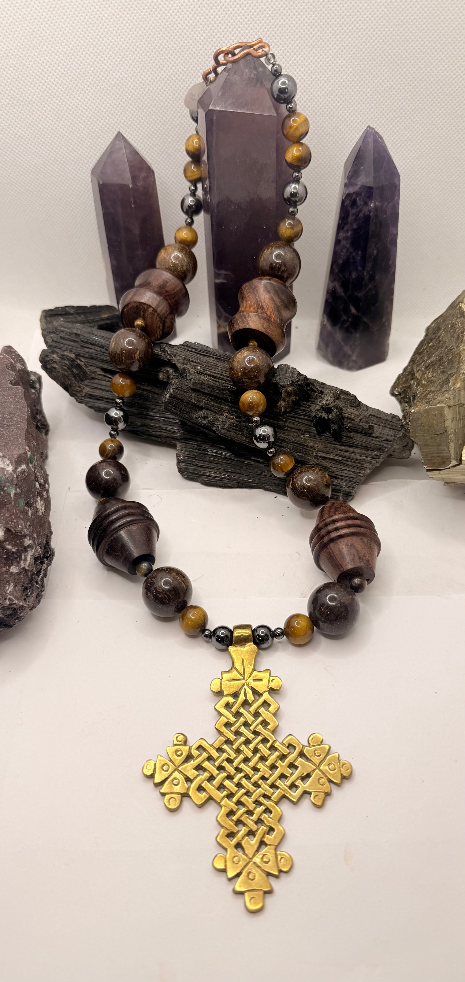 Tiger Eye, Hematite and Bronzite with Ethiopian Cross Pendant~ 22 inches