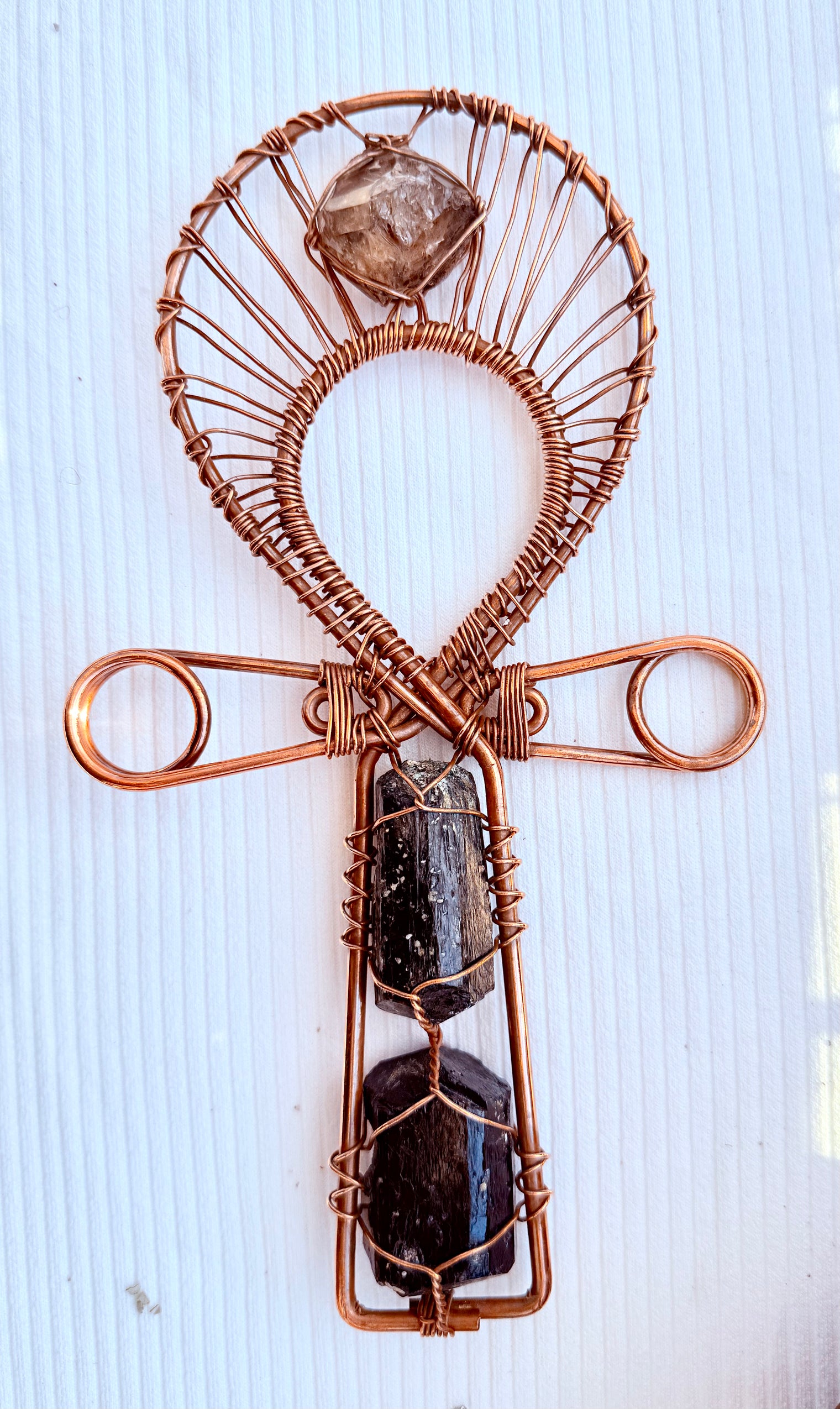 Black Tourmaline and Smoky Herkimer double terminated quartz crystal copper ankh