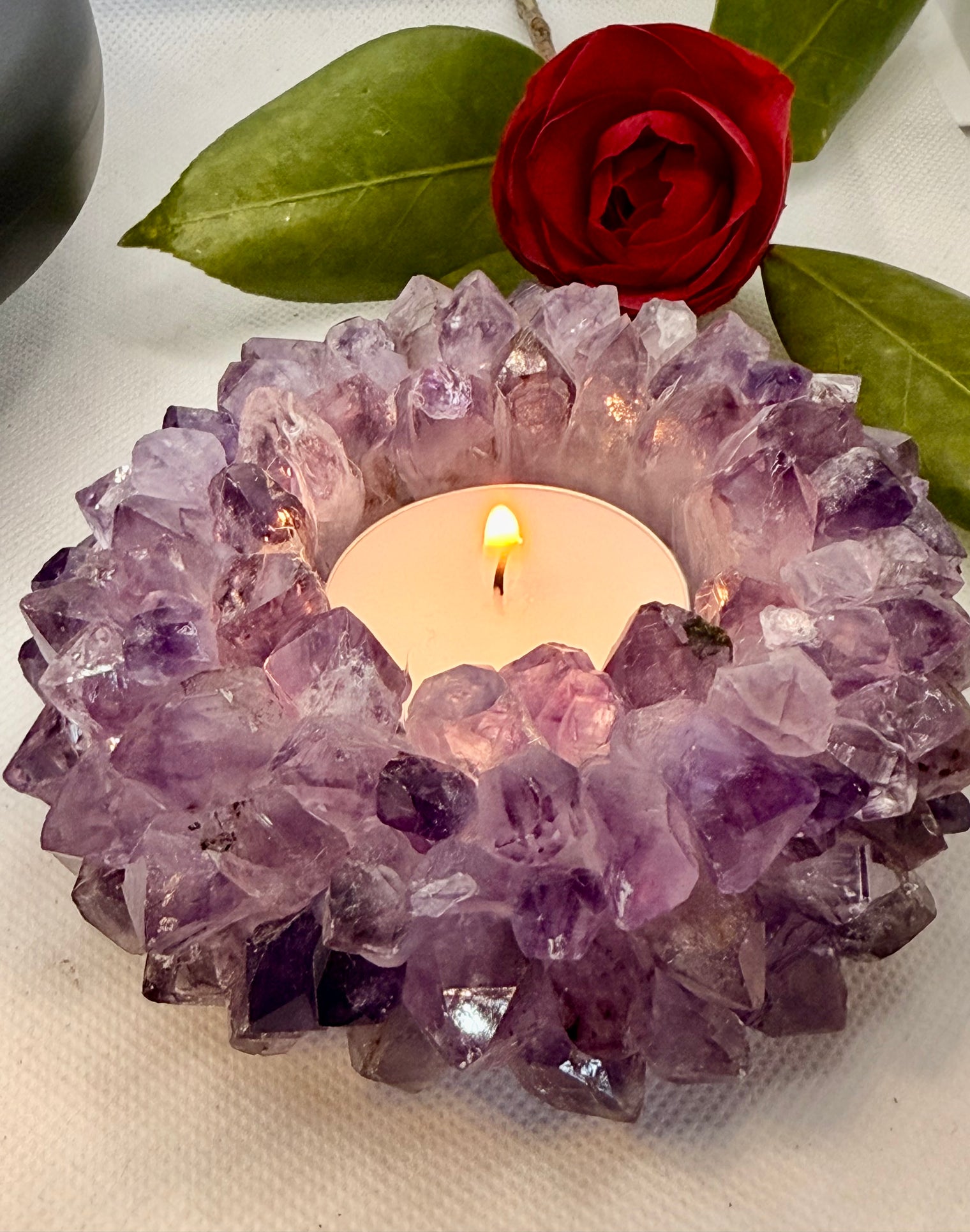 Amethyst Flower Candle Holder Druzy Cluster Polished Crystal Quartz