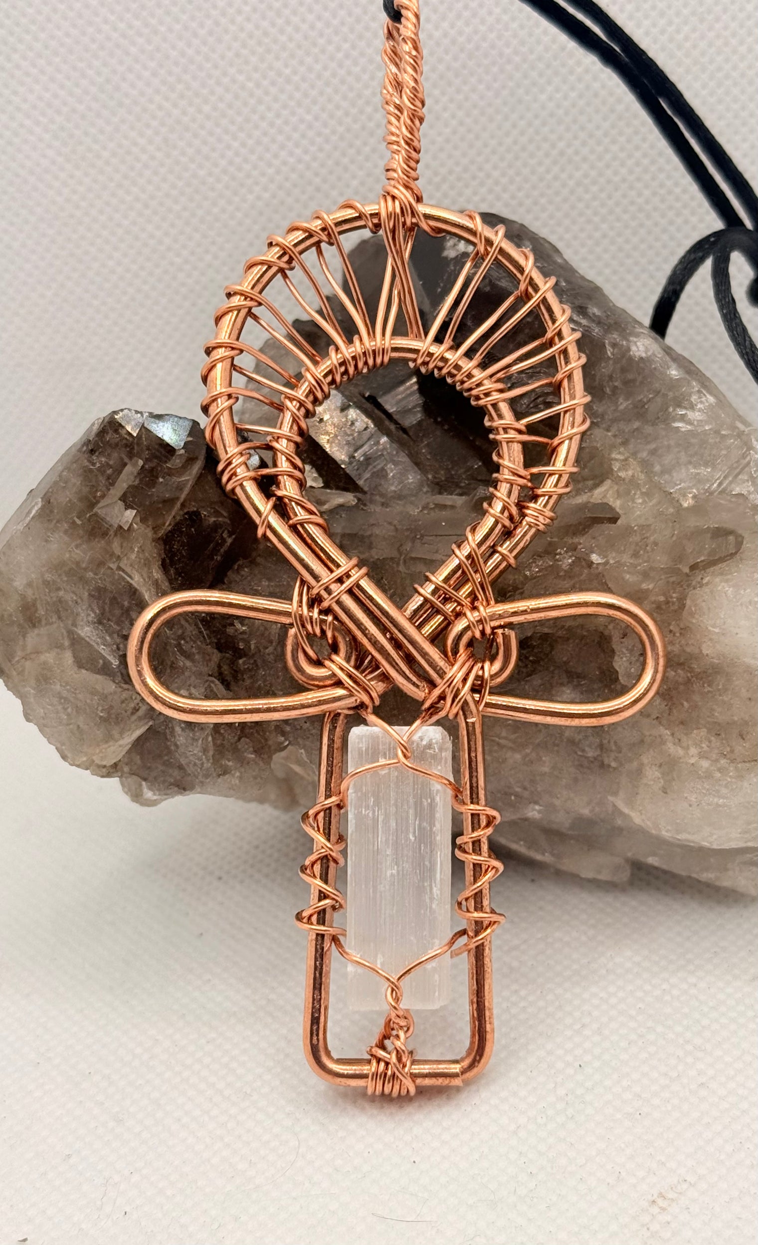 Selenite “Blade” Crystal Copper Ankh Pendant