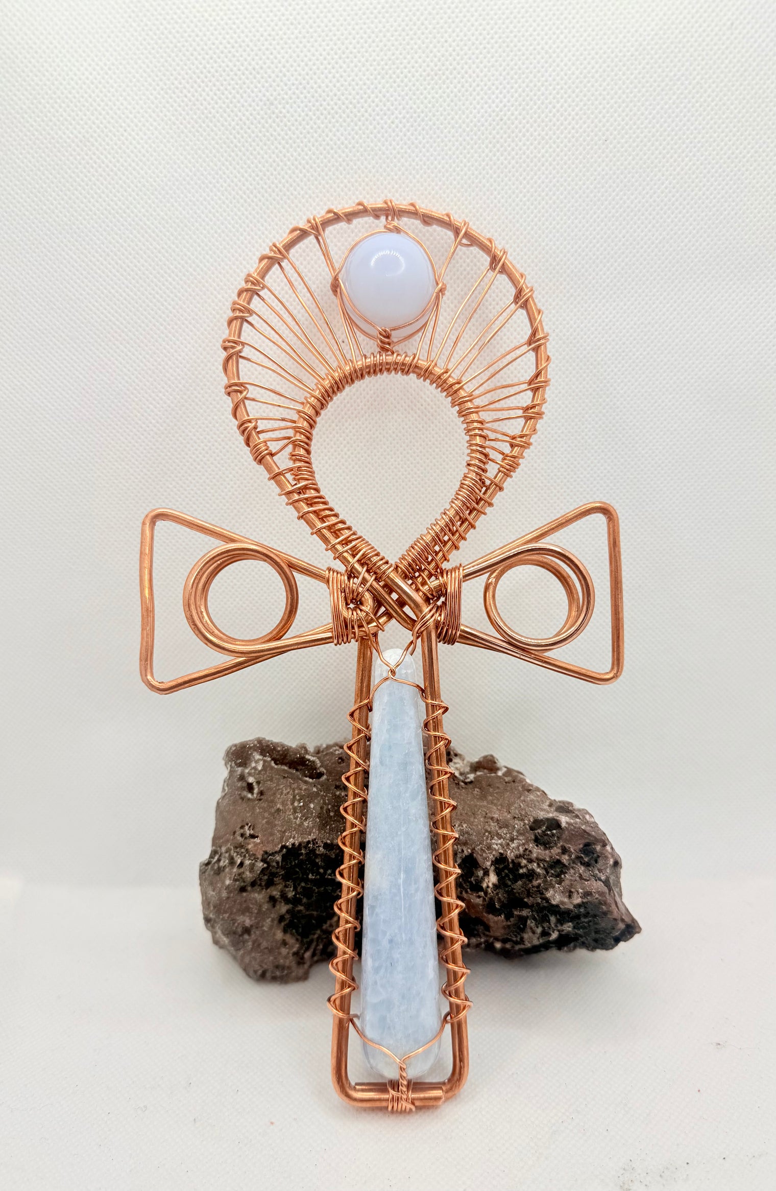 Blue Calcite and Blue Chalchedony EMF Protection Handheld Ankh