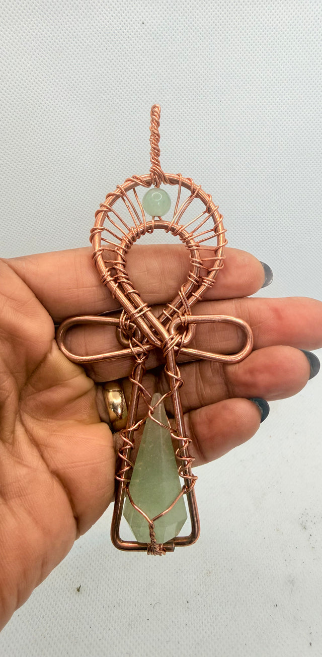 Green Aventurine Wirewrapped Crystal Copper Ankh Pendant