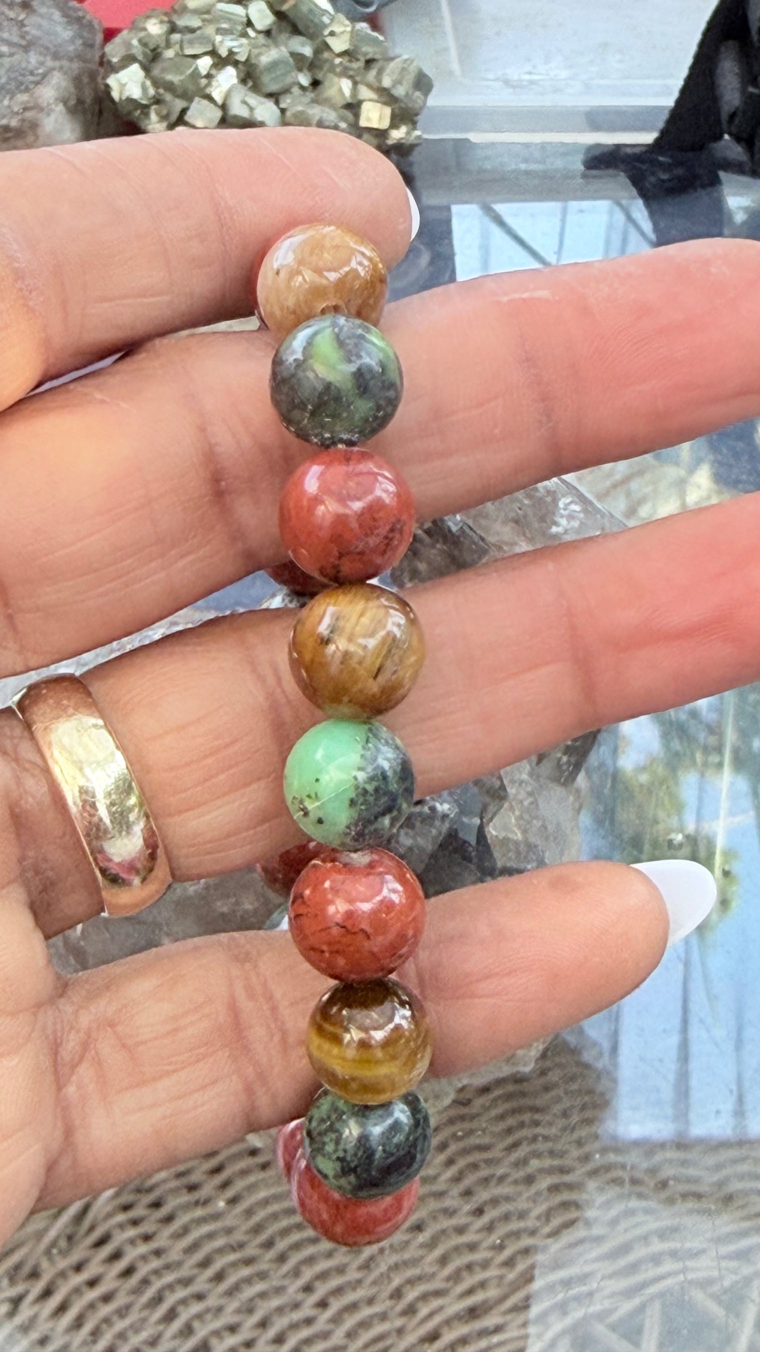 Red Jasper, Tiger Eye, and Green Chrysoprase Stretchy Gemstone Bracelet