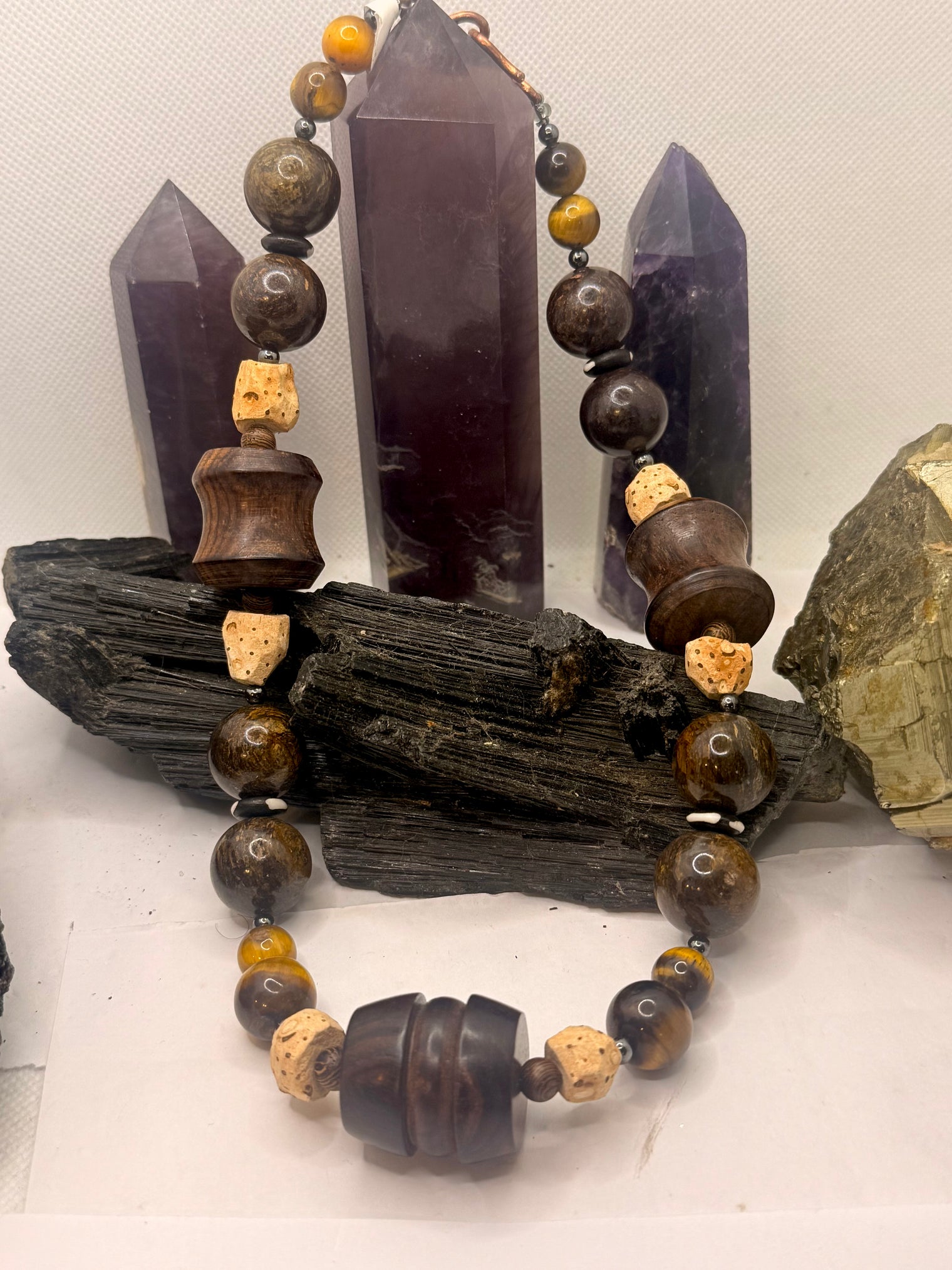 African Grassroot and Bronzite and Wood Beads Necklace