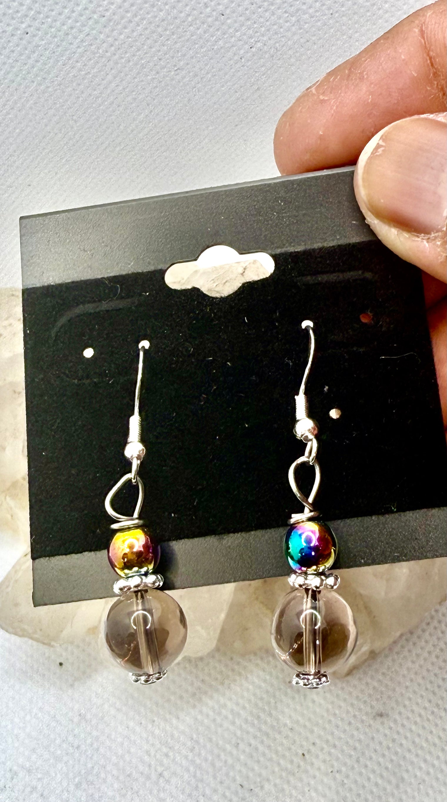 Smoky Quartz and Rainbow Hematite Sterling Silver Plated Hooks Earrings
