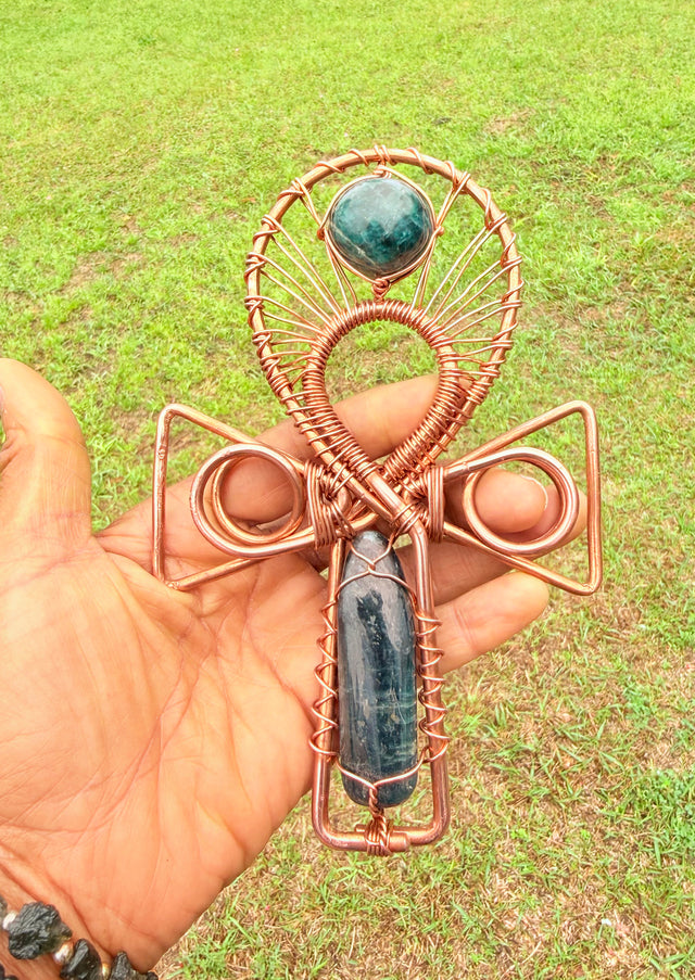 Apatite and Blue Kyanite EMF Protection Handheld Ankh