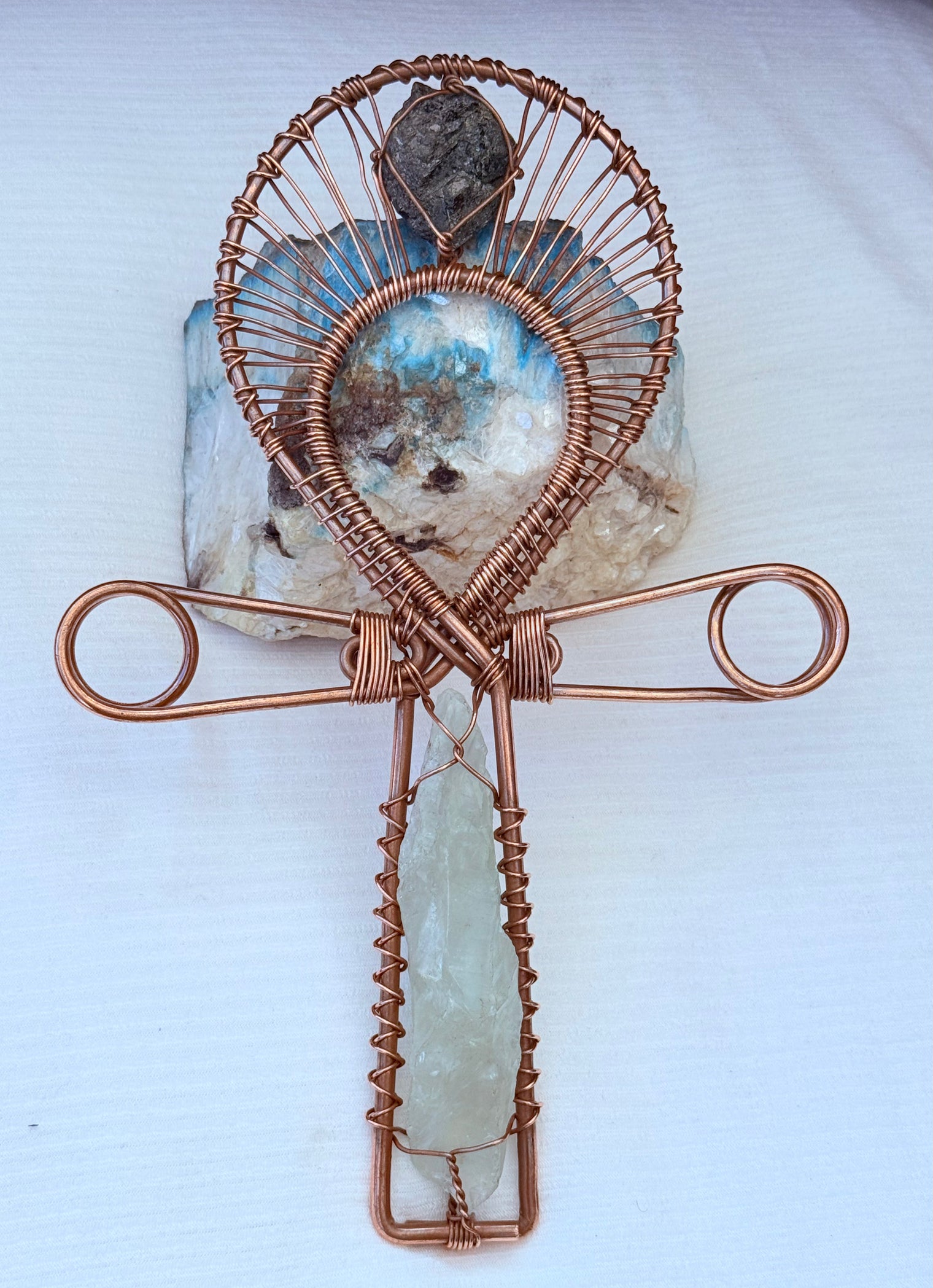 Green quartz and epidote copper ankh