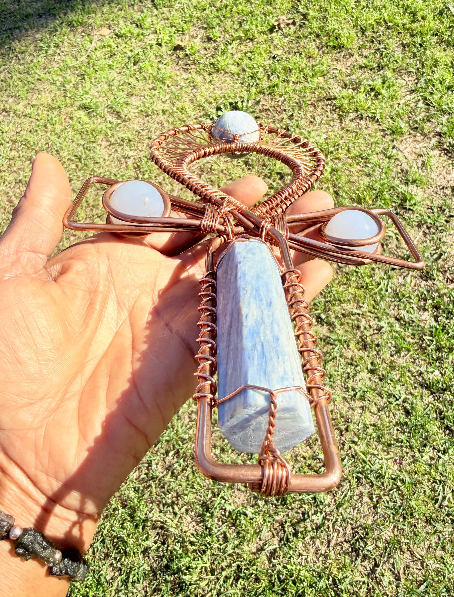 Blue Calchedony and Blue Kyanite Copper Crystal Handheld Ankh