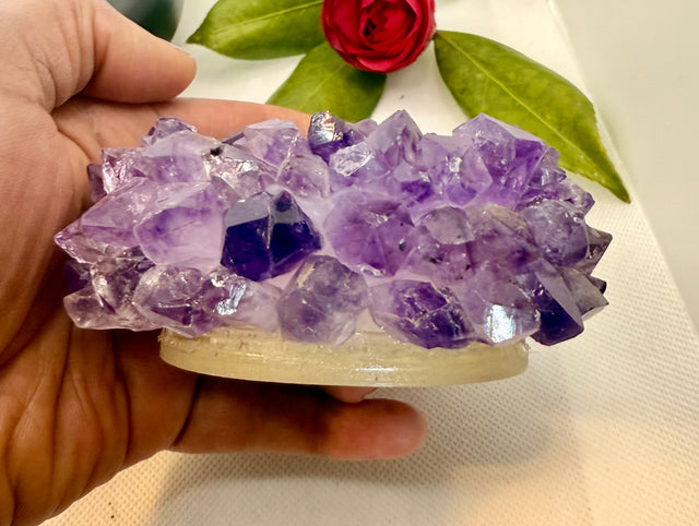 Amethyst Flower Candle Holder Druzy Cluster Polished Crystal Quartz