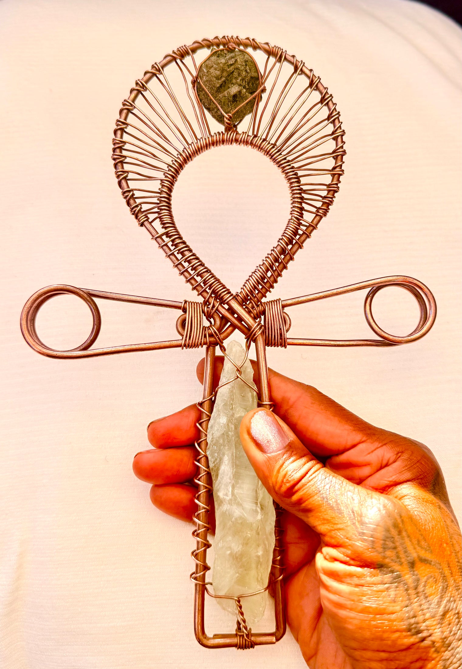Green quartz and epidote copper ankh