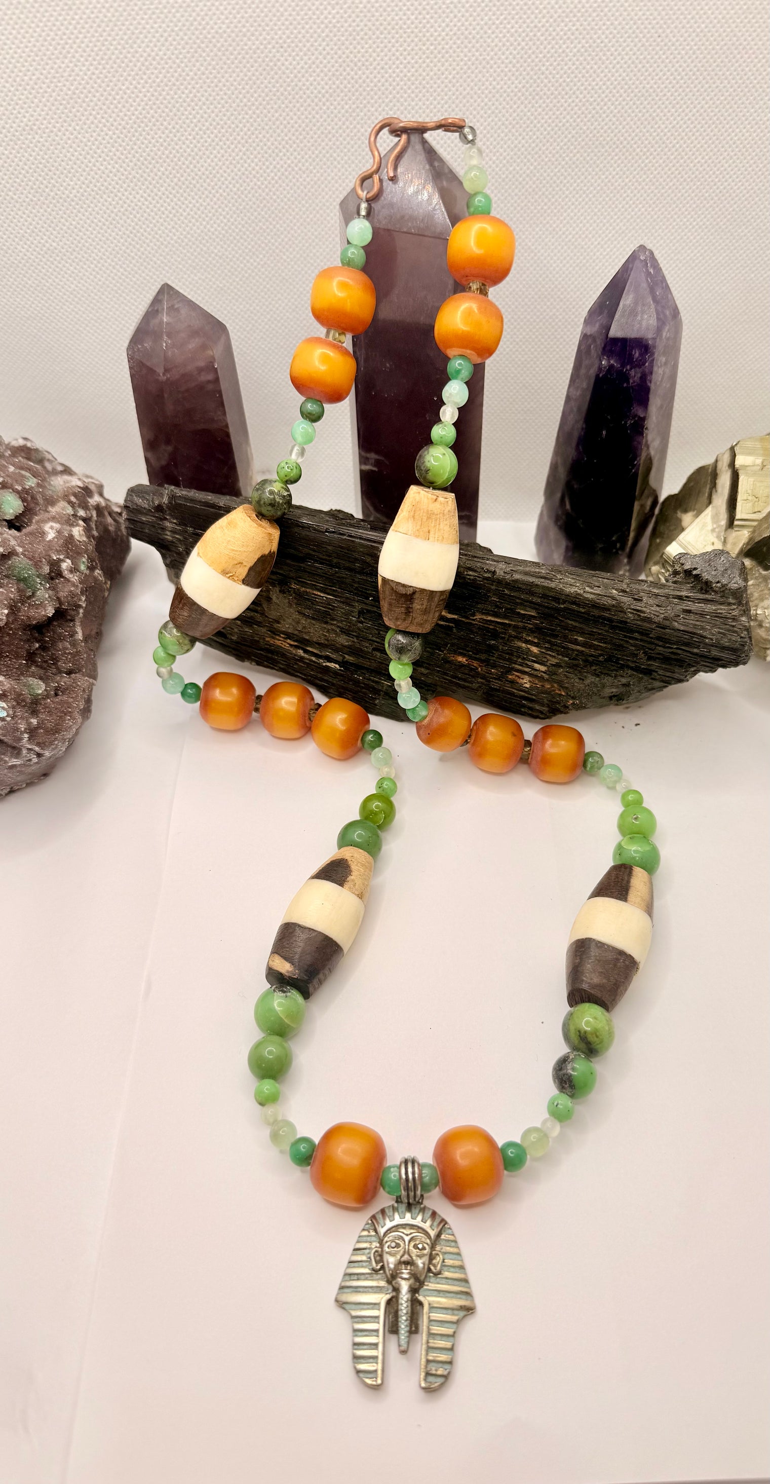 African Amber and Chrysoprase with King Tut Pendant Necklace ~28 Inches