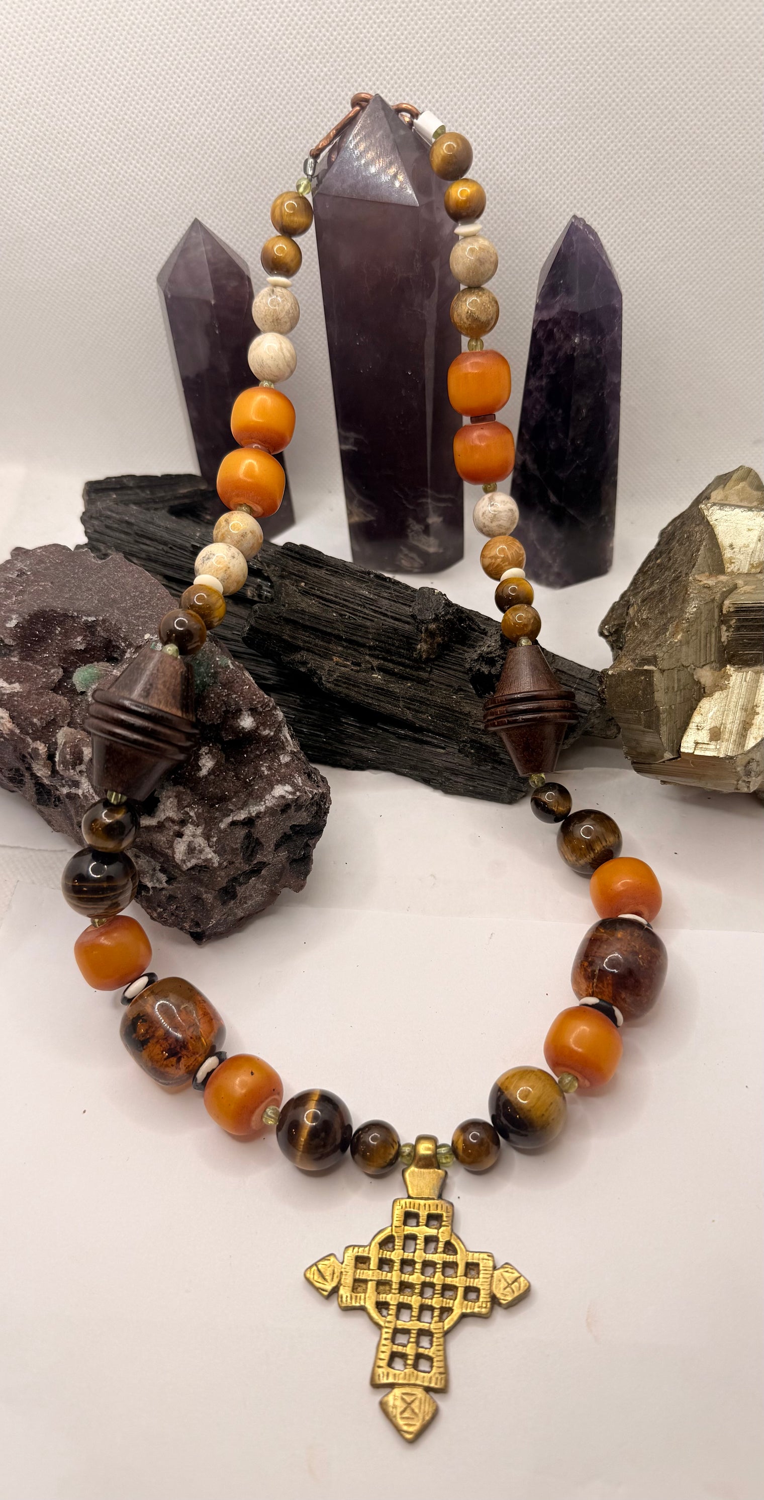 Tiger Eye, Fossil Coral, African Amber and Mexican Amber with Ethiopian Cross Pendant~ 24 inches