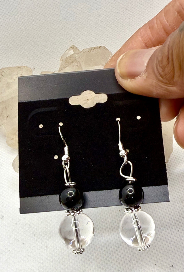 Clear Quartz and Black Obsidian Sterling Silver Plated Hooks Earrings