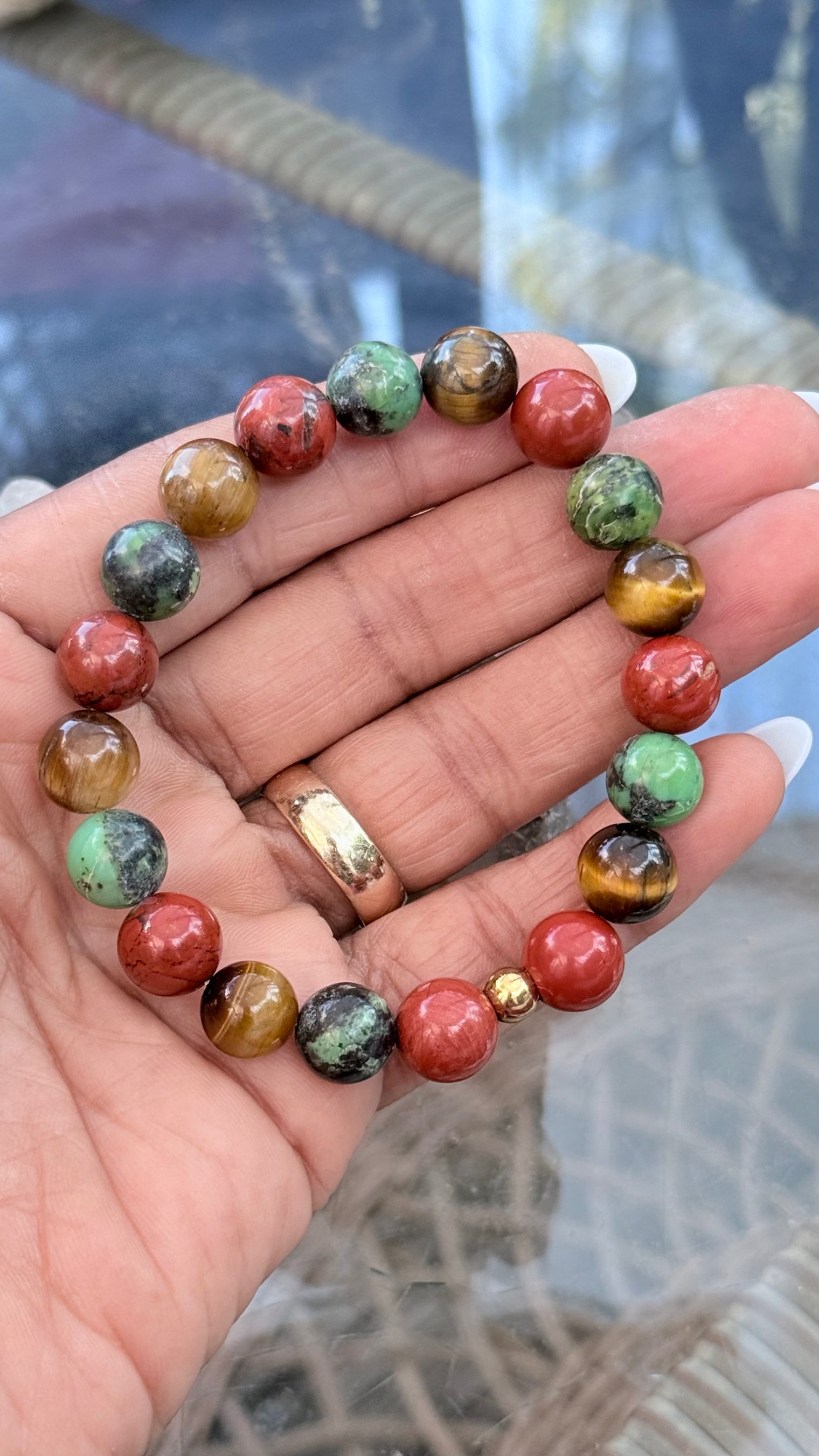 Red Jasper, Tiger Eye, and Green Chrysoprase Stretchy Gemstone Bracelet