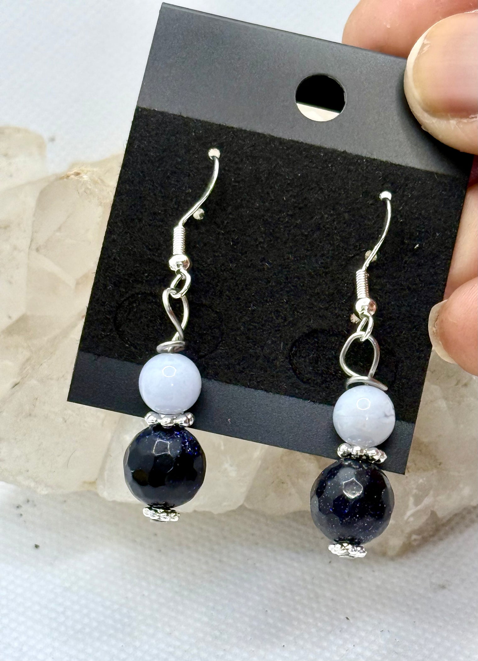Blue Goldstone and Blue Lace Agate Sterling Silver Plated Hooks Earrings
