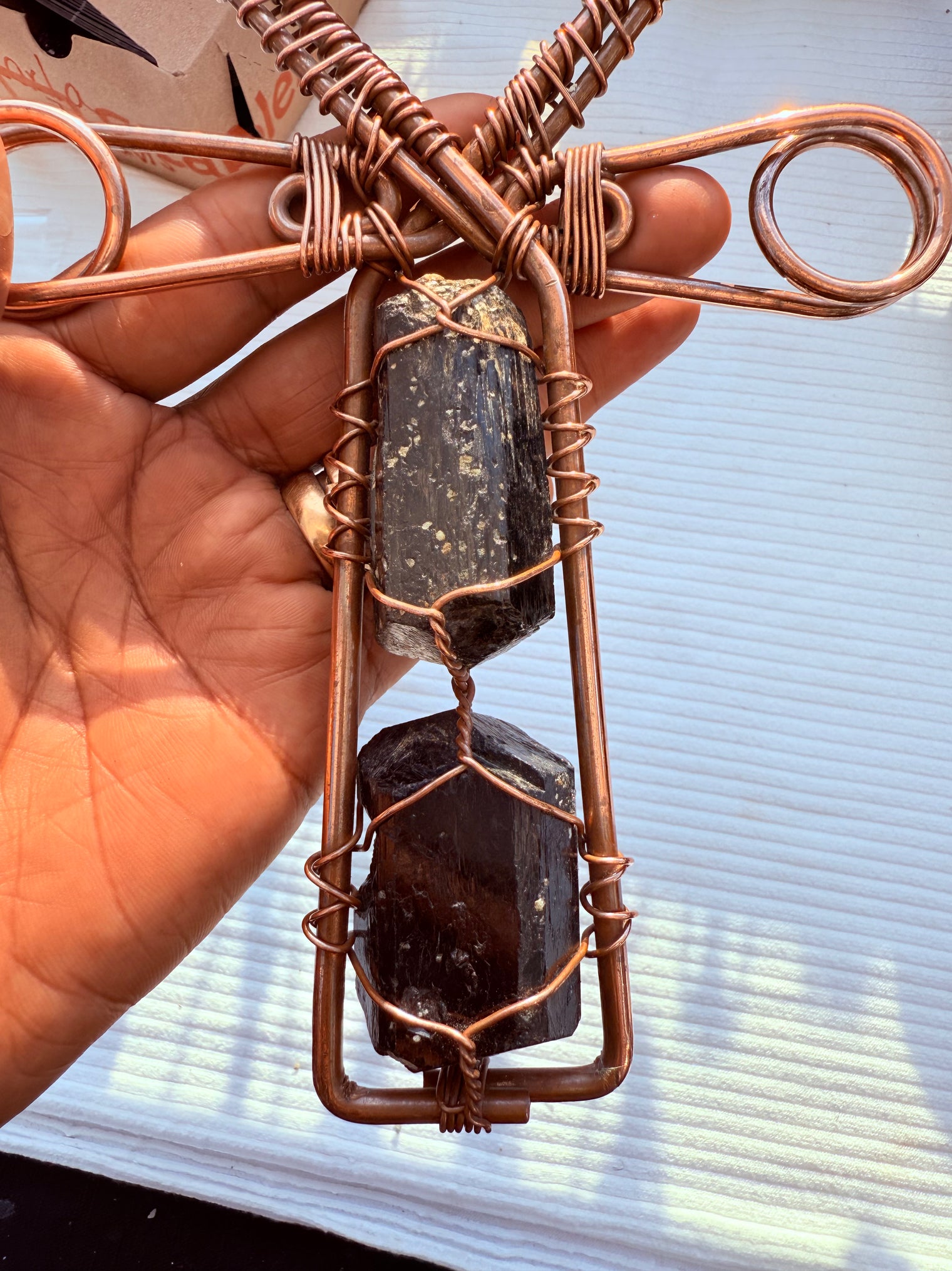 Black Tourmaline and Smoky Herkimer double terminated quartz crystal copper ankh