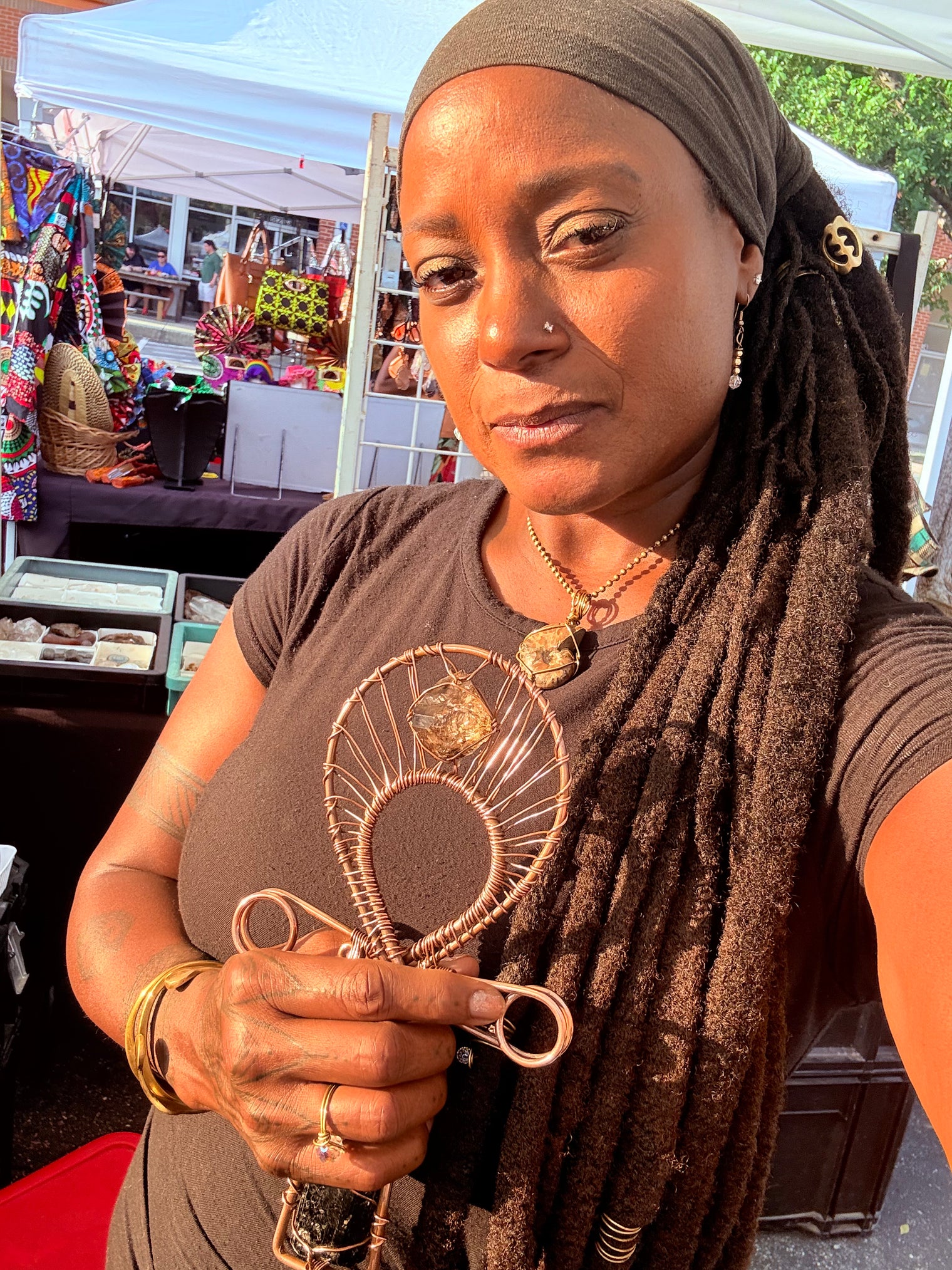 Black Tourmaline and Smoky Herkimer double terminated quartz crystal copper ankh