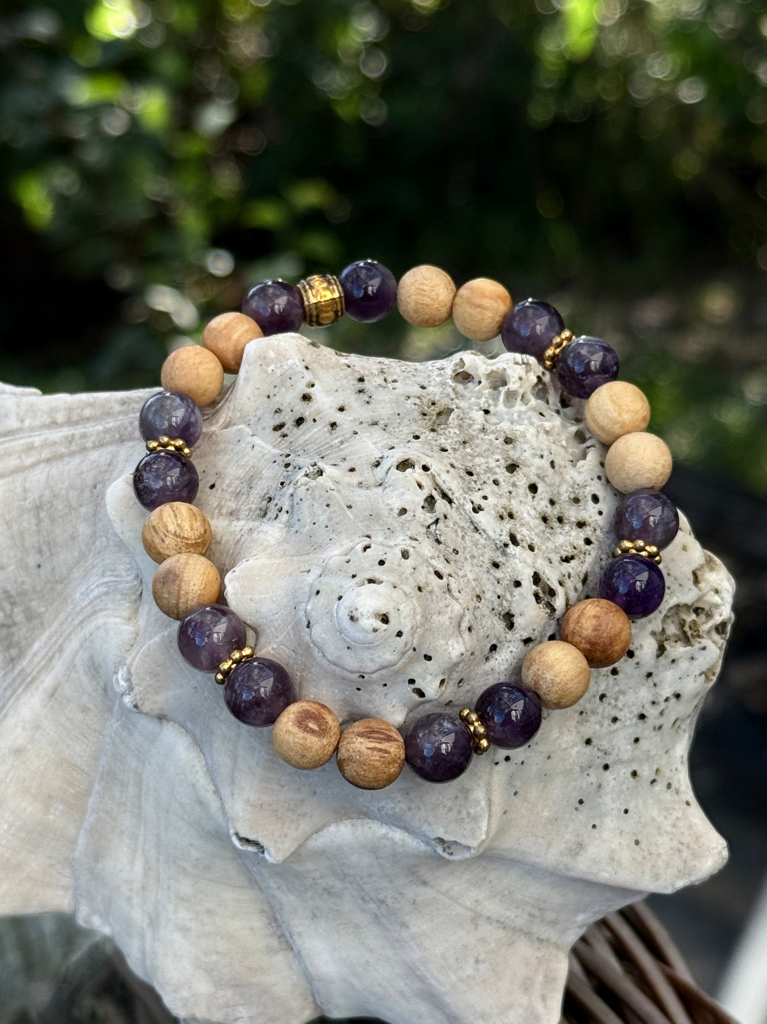 Amethyst and Palo Santo 8mm Stretchy Bracelet w/gold plated spacer beads